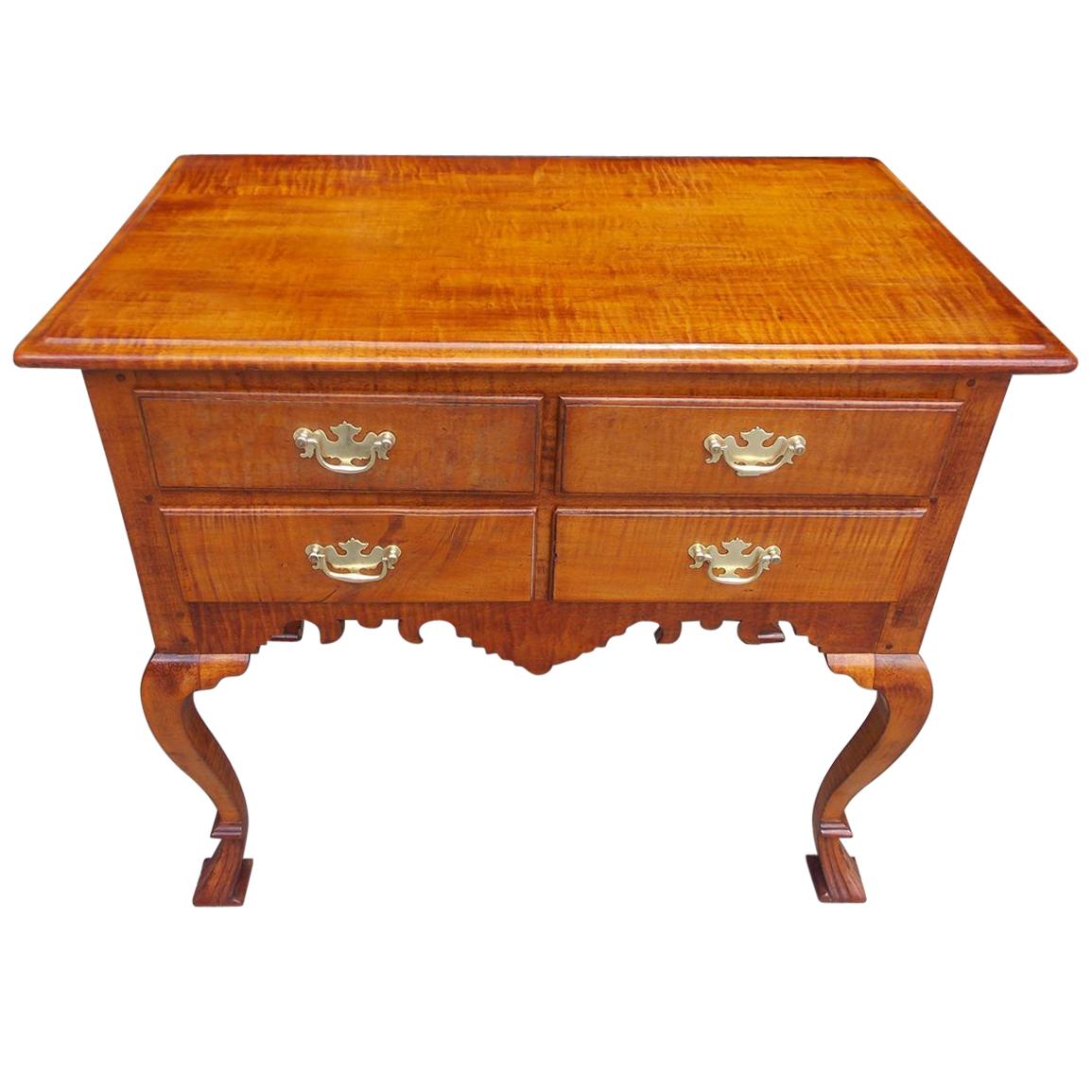 American Queen Anne Curley Maple Four Drawer Lowboy with Spanish Feet. C. 1750