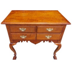 Antique American Queen Anne Curley Maple Four Drawer Lowboy with Spanish Feet. C. 1750
