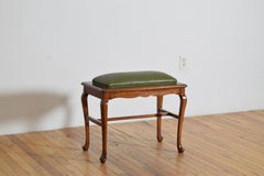 American Queen Anne Style Light Walnut & Leather Upholstered Bench, ca. 1870
