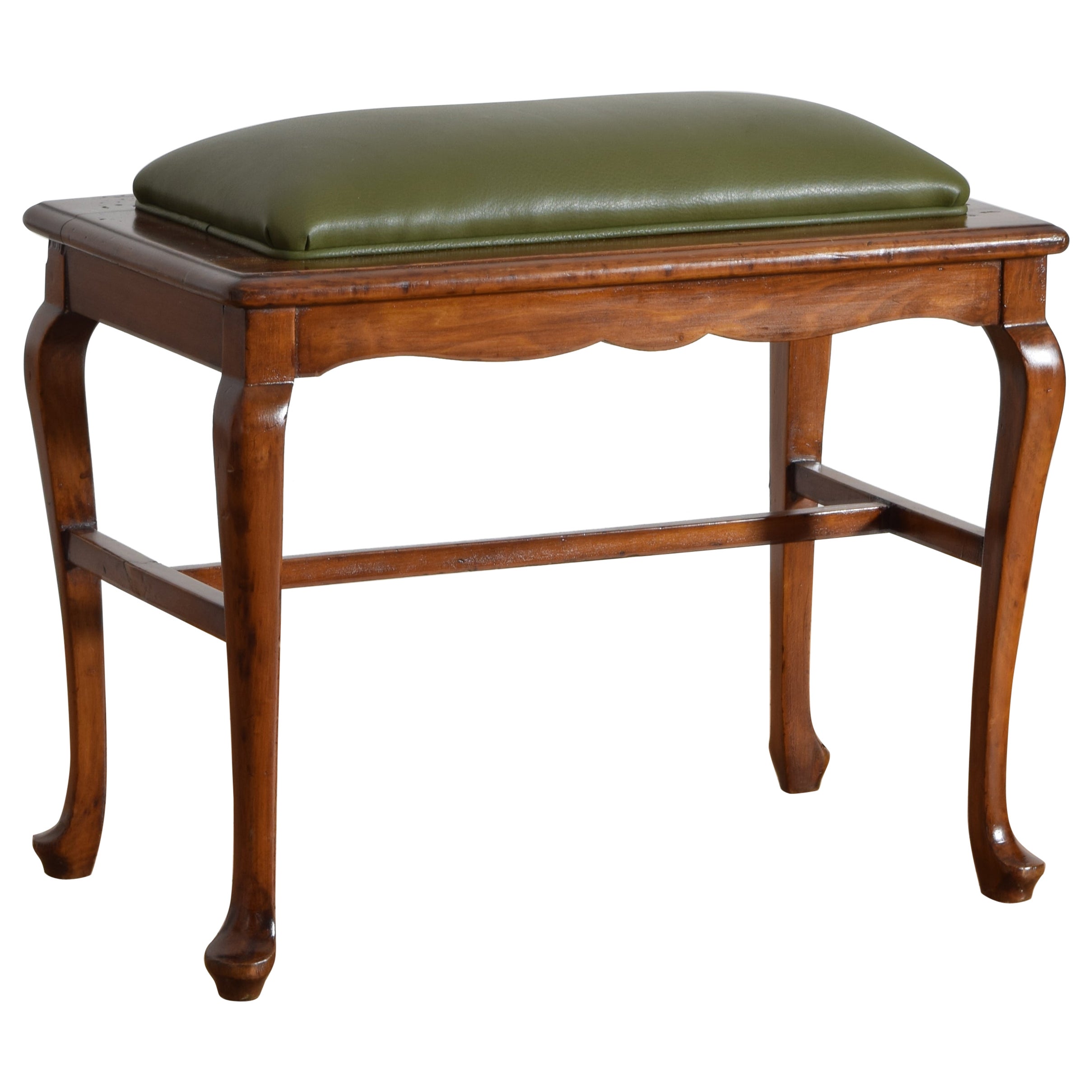 American Queen Anne Style Light Walnut & Leather Upholstered Bench, ca. 1870