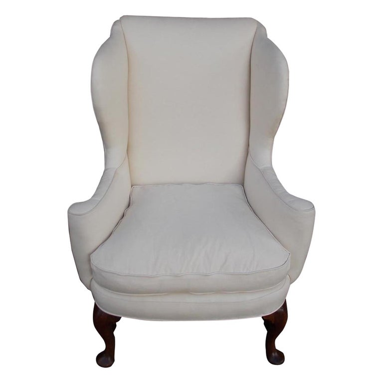 American Queen Anne Walnut Upholstered Wing Back Chair, Rhode Island