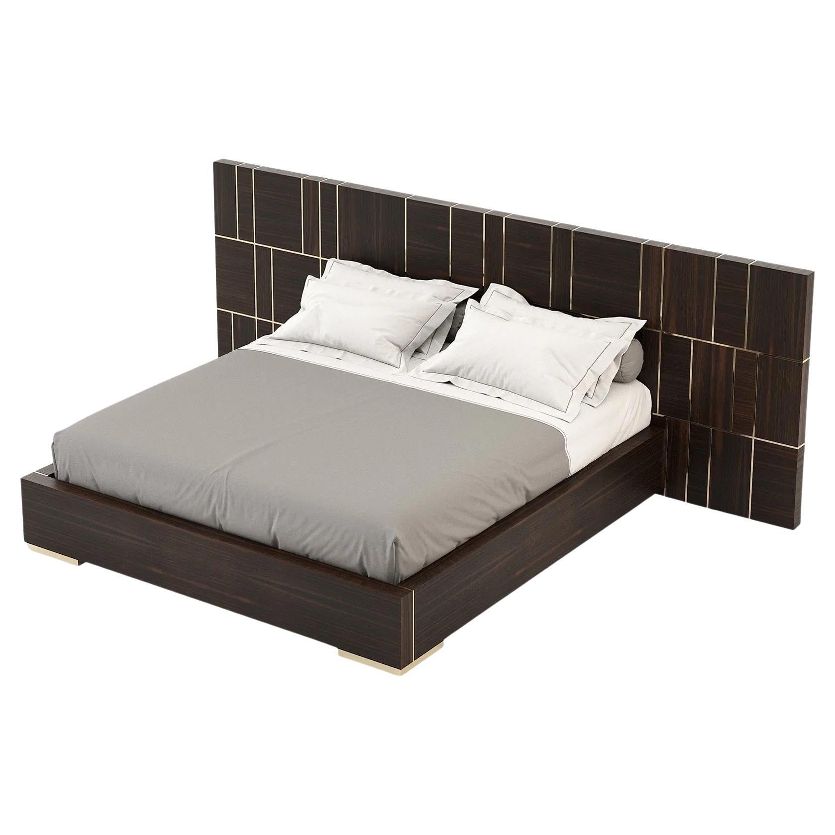American Queen Size Bed with Oversized Headboard in Wood Veneer & Metal Detail