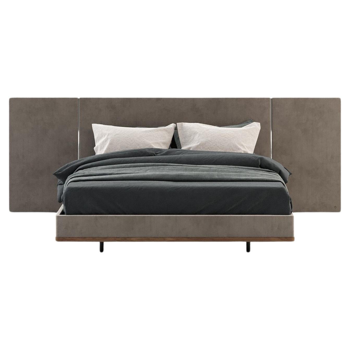 American Queen Size Bed with Upholstered Headboard and Metal Details