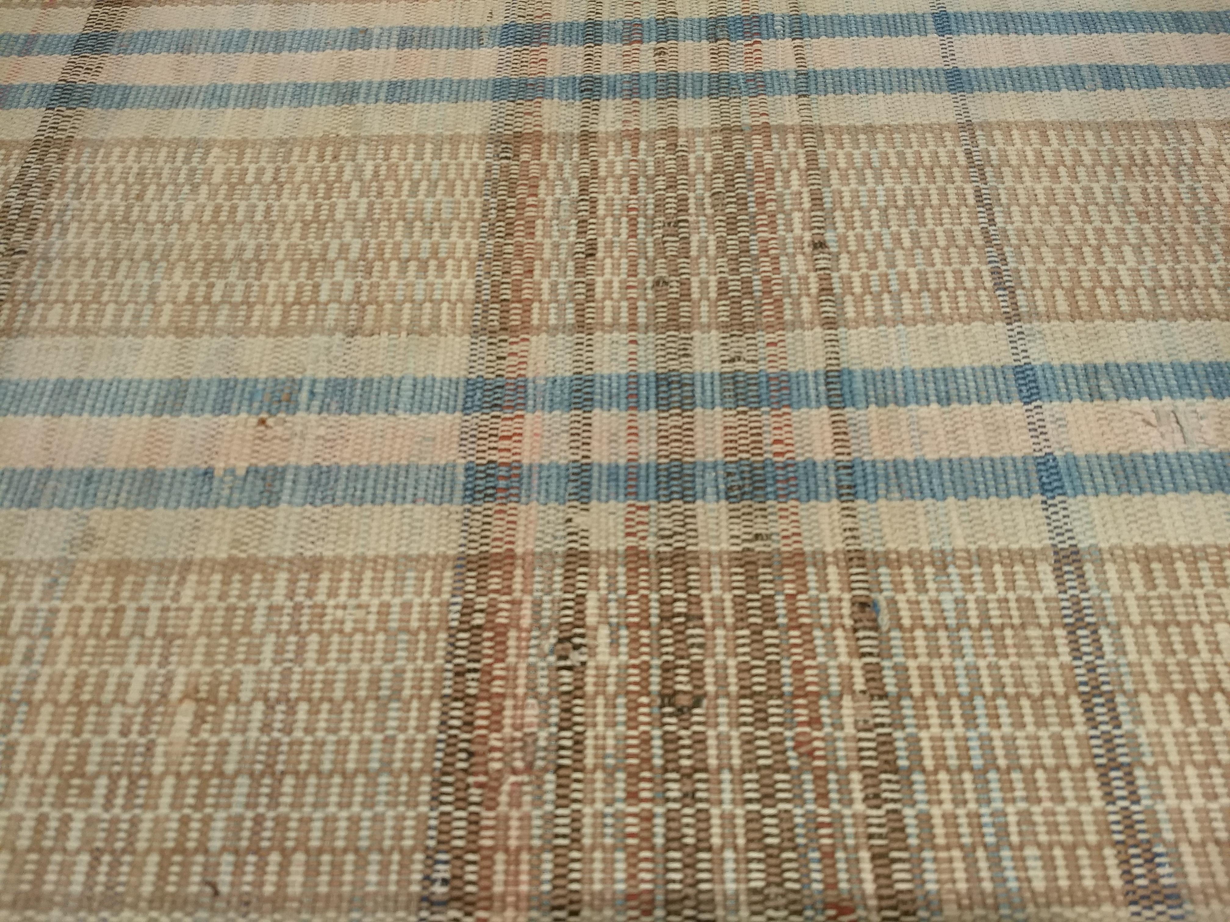 Wool Vintage Hand-Woven American Amish Rag Runner in Pale Blue, Pink, Wheat, Caramel For Sale