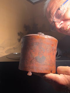 American Rare Early Antique Pyrography Lidded Humidor Vessel, 19th Century