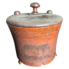 American Rare Early Antique Pyrography Lidded Humidor Vessel, 19th Century