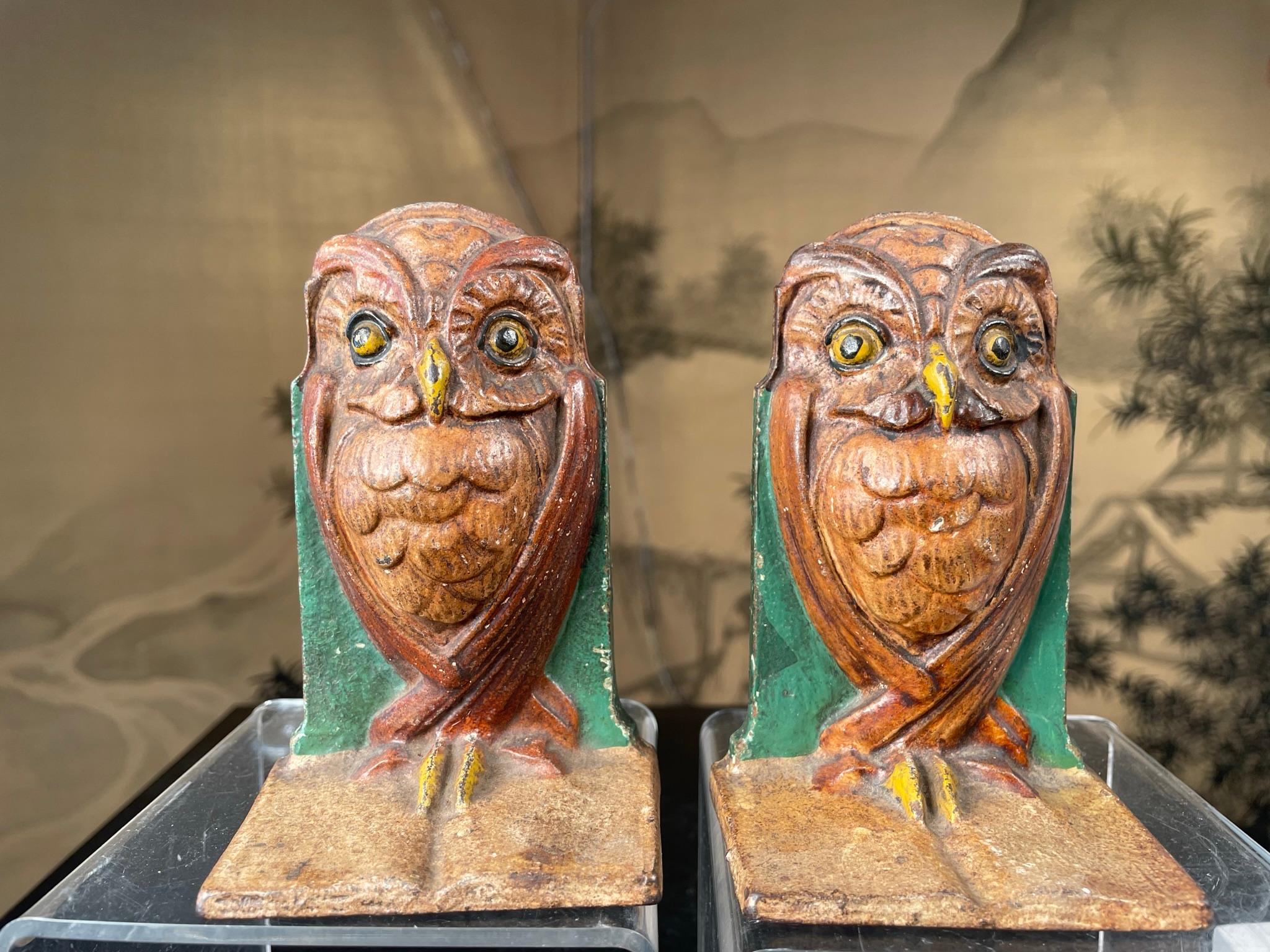 Folk Art American Rare Pair Bronze Hand Painted Owl Sculptures, Signed