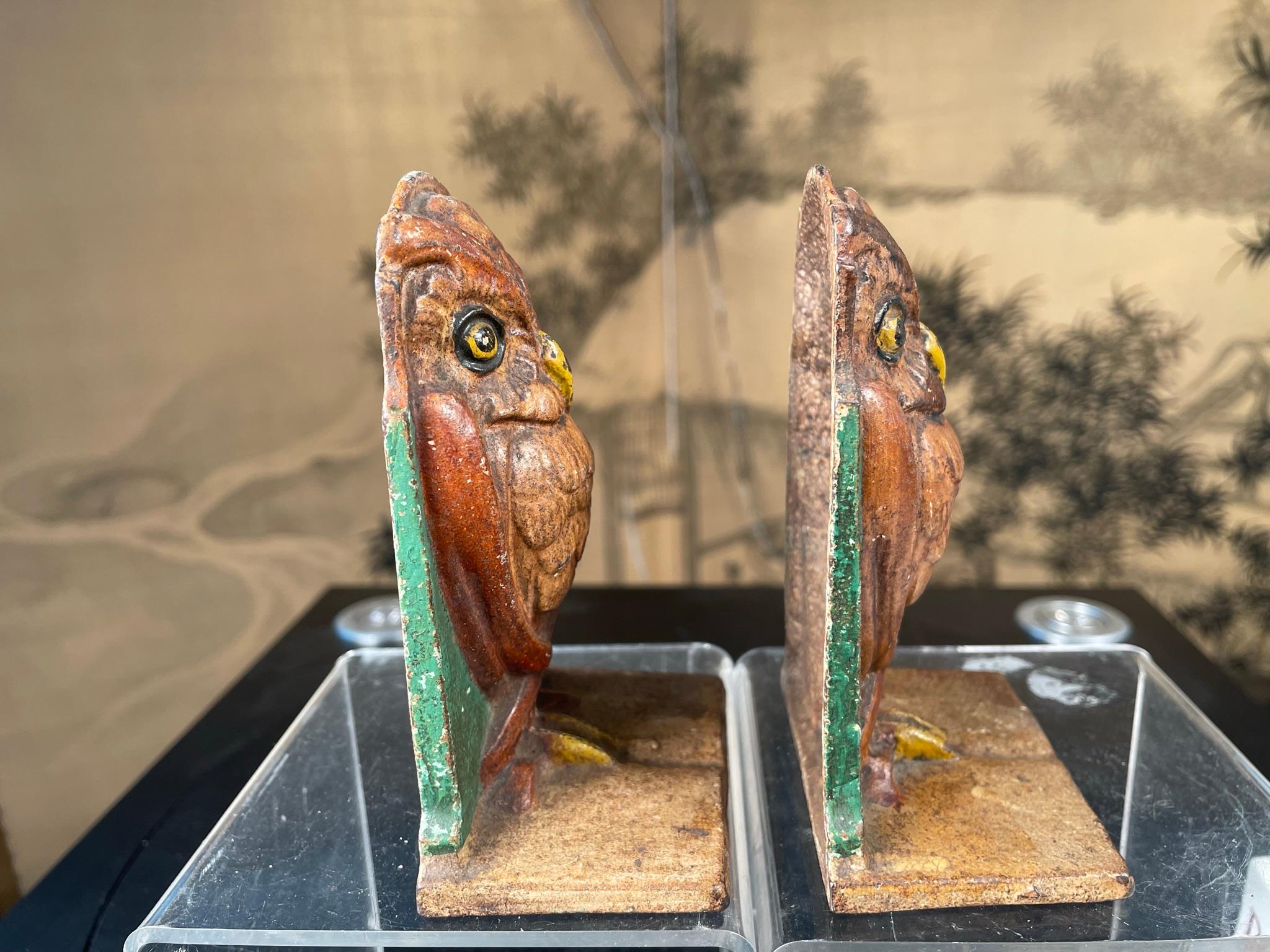 American Rare Pair Bronze Hand Painted Owl Sculptures, Signed 1
