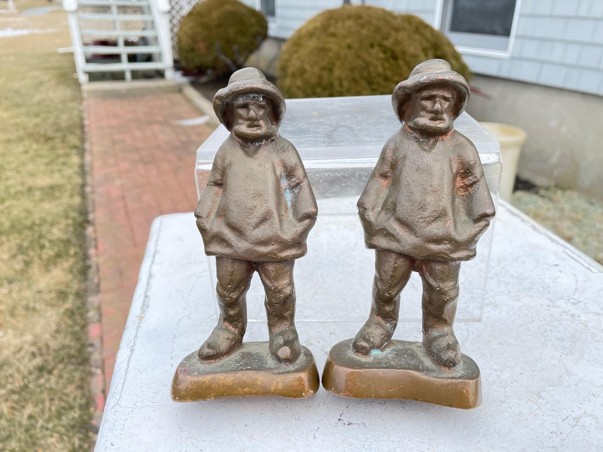 Folk Art American Rare Pair Bronze Nautical Fishermen Seamen Sculptures