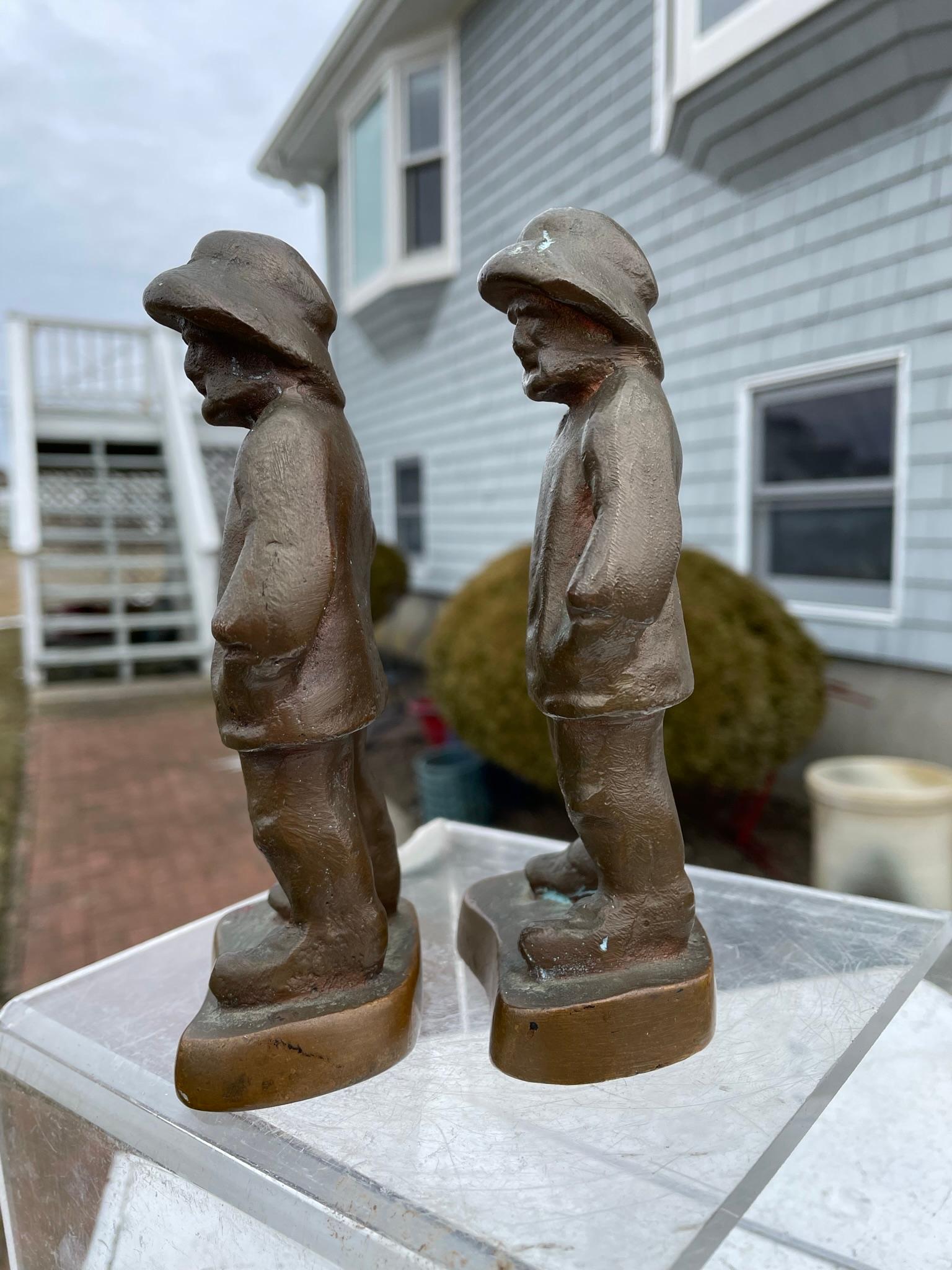 American Rare Pair Bronze Nautical Fishermen Seamen Sculptures 1