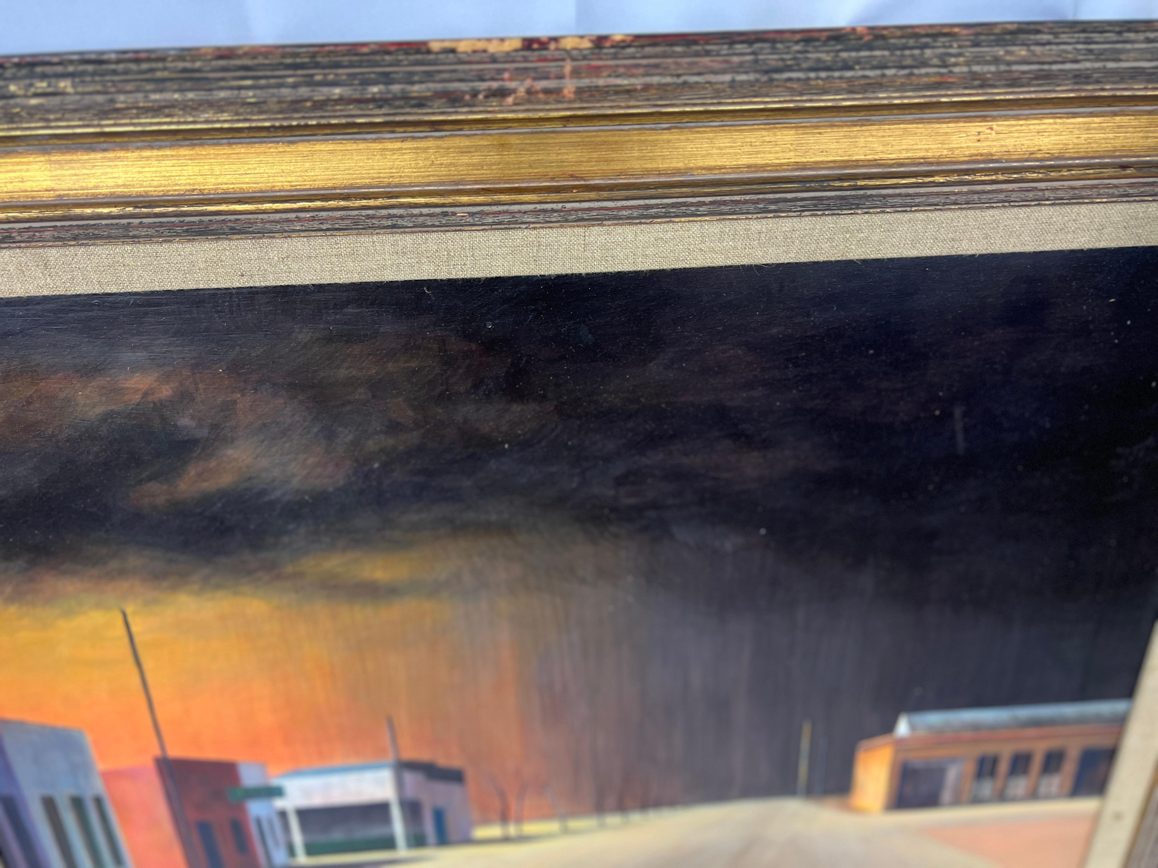 Giltwood American Realist Edward Hopper Style American Small Town Landscape Painting