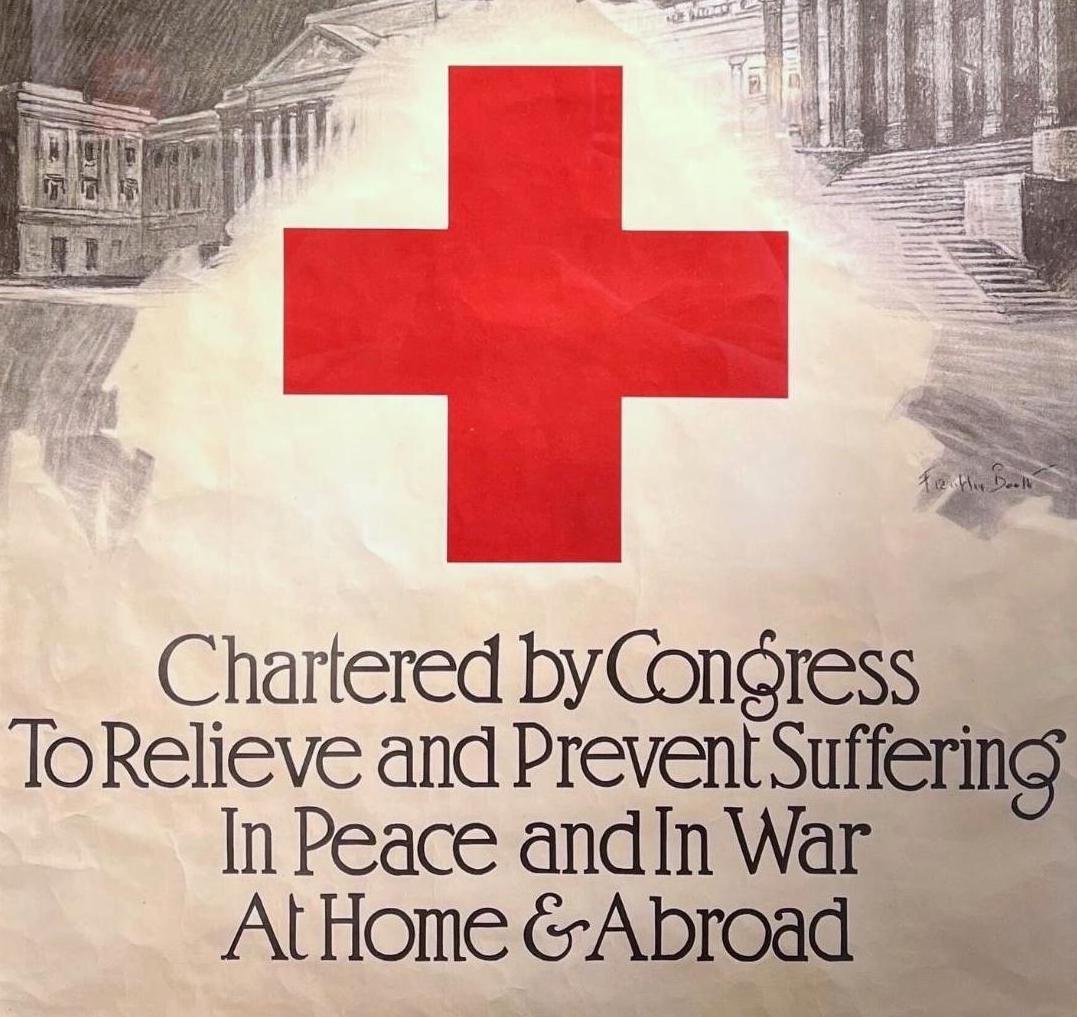 Presented is a vintage WWI poster, issued by the American Nation Red Cross in 1918. The poster was illustrated by Franklin Booth and features a large Red Cross in front of the U.S. Capitol building. The text “American Red Cross” and “Chartered by