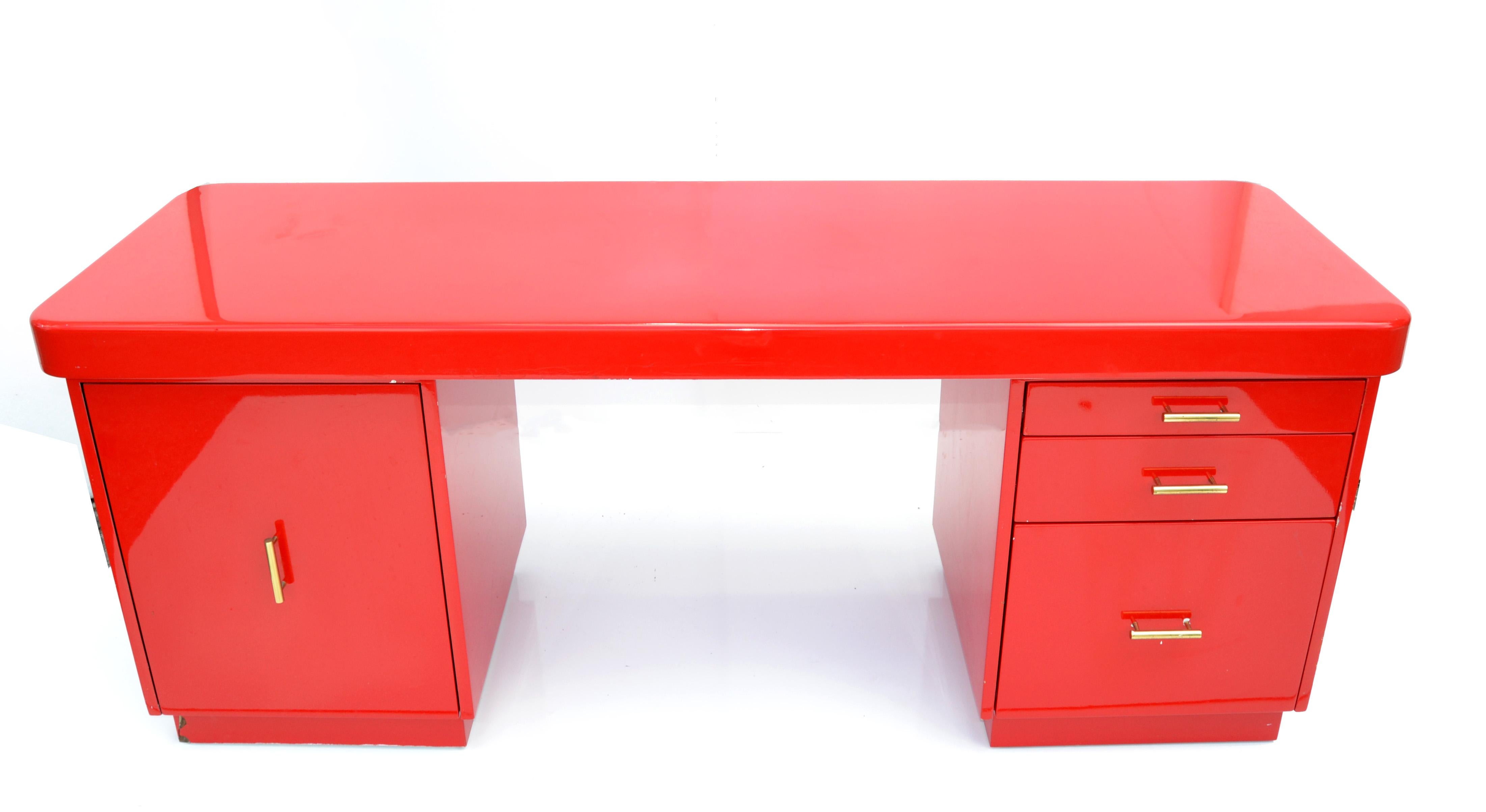 American Red Lacquered Writing Table Office, Tanker Desk Laminated Wood & Brass  6