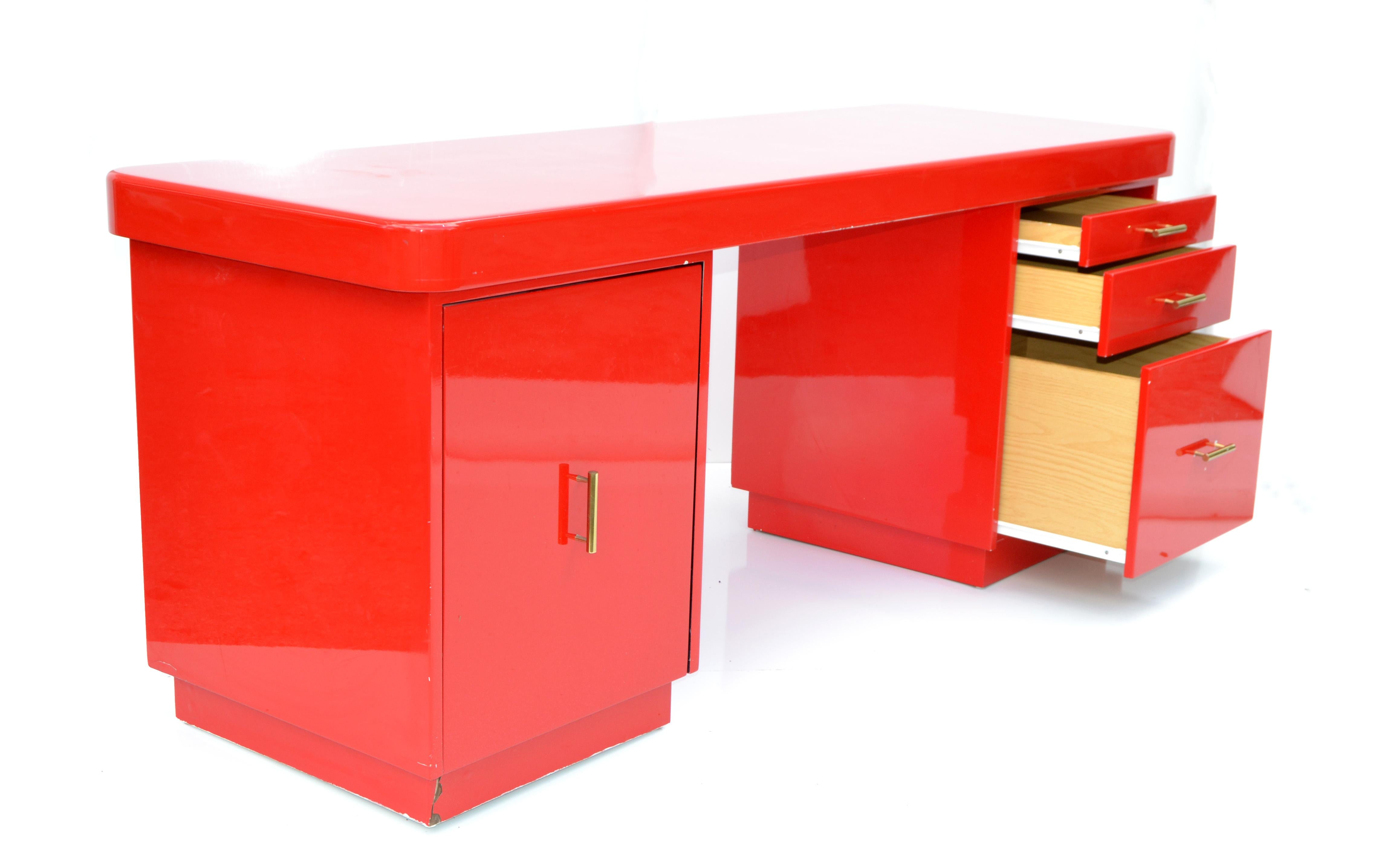 Mid-Century Modern American Red Lacquered Writing Table Office, Tanker Desk Laminated Wood & Brass 