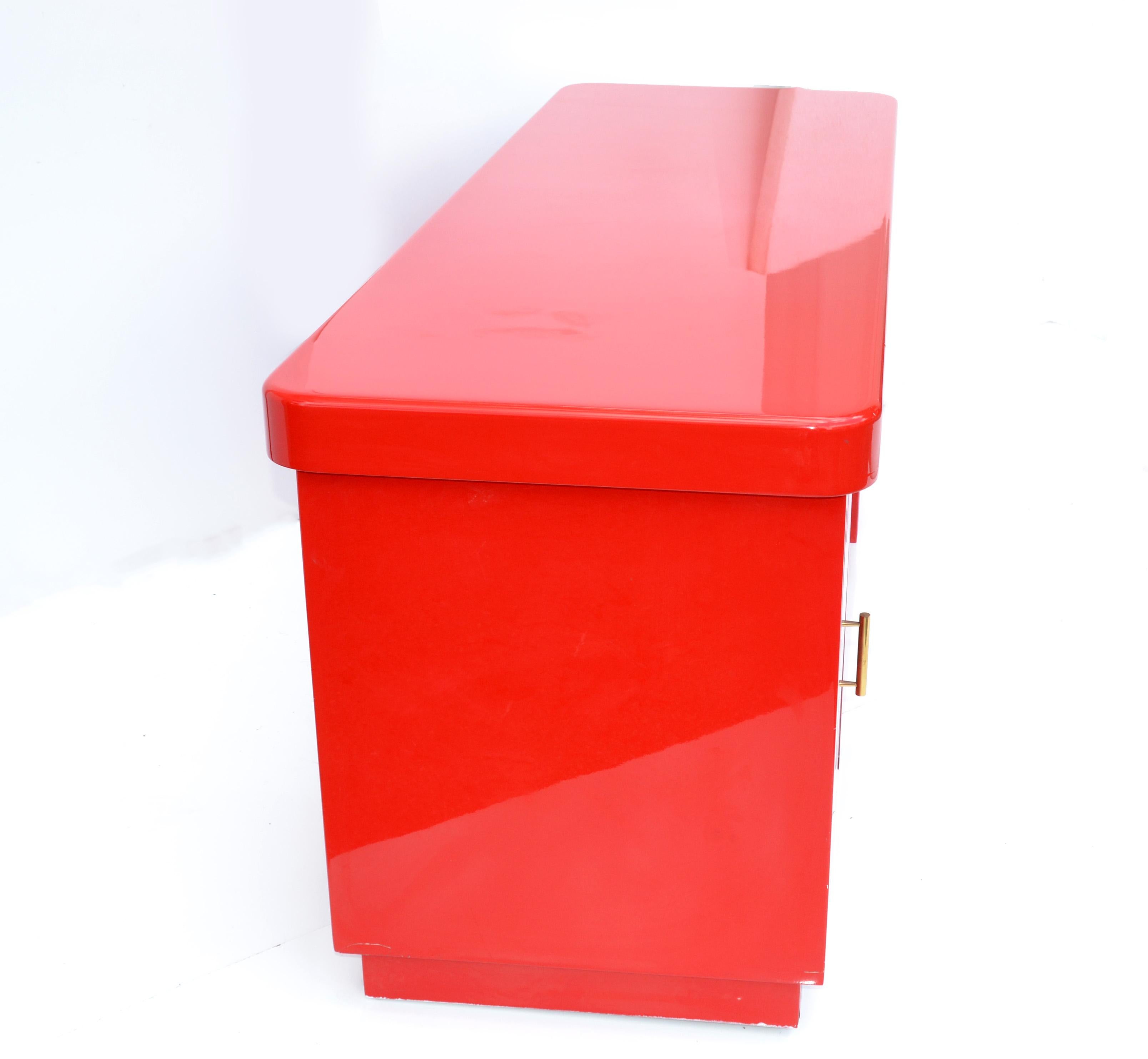 Hand-Crafted American Red Lacquered Writing Table Office, Tanker Desk Laminated Wood & Brass 