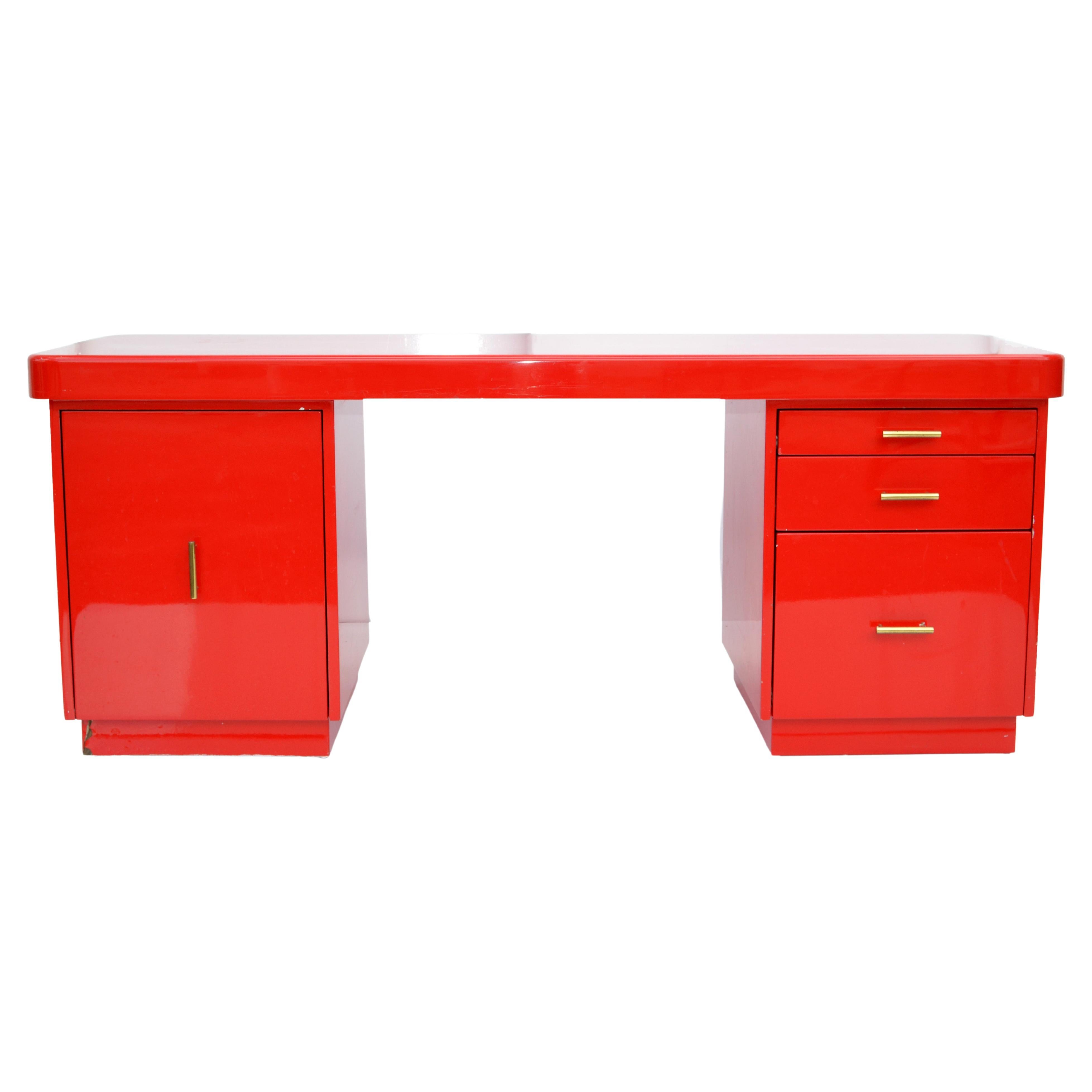 American Red Lacquered Writing Table Office, Tanker Desk Laminated Wood & Brass 