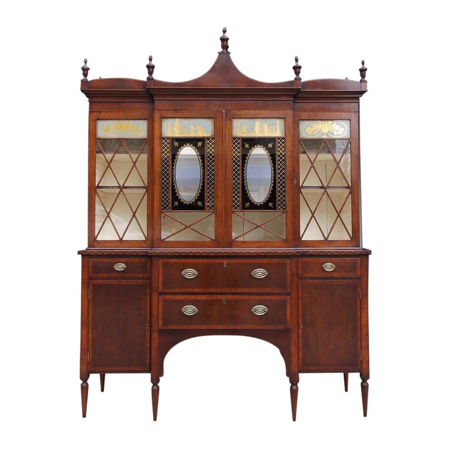 American Regency Mahogany Églomisé and Inlaid Breakfront Bookcase C. 1790 Mass