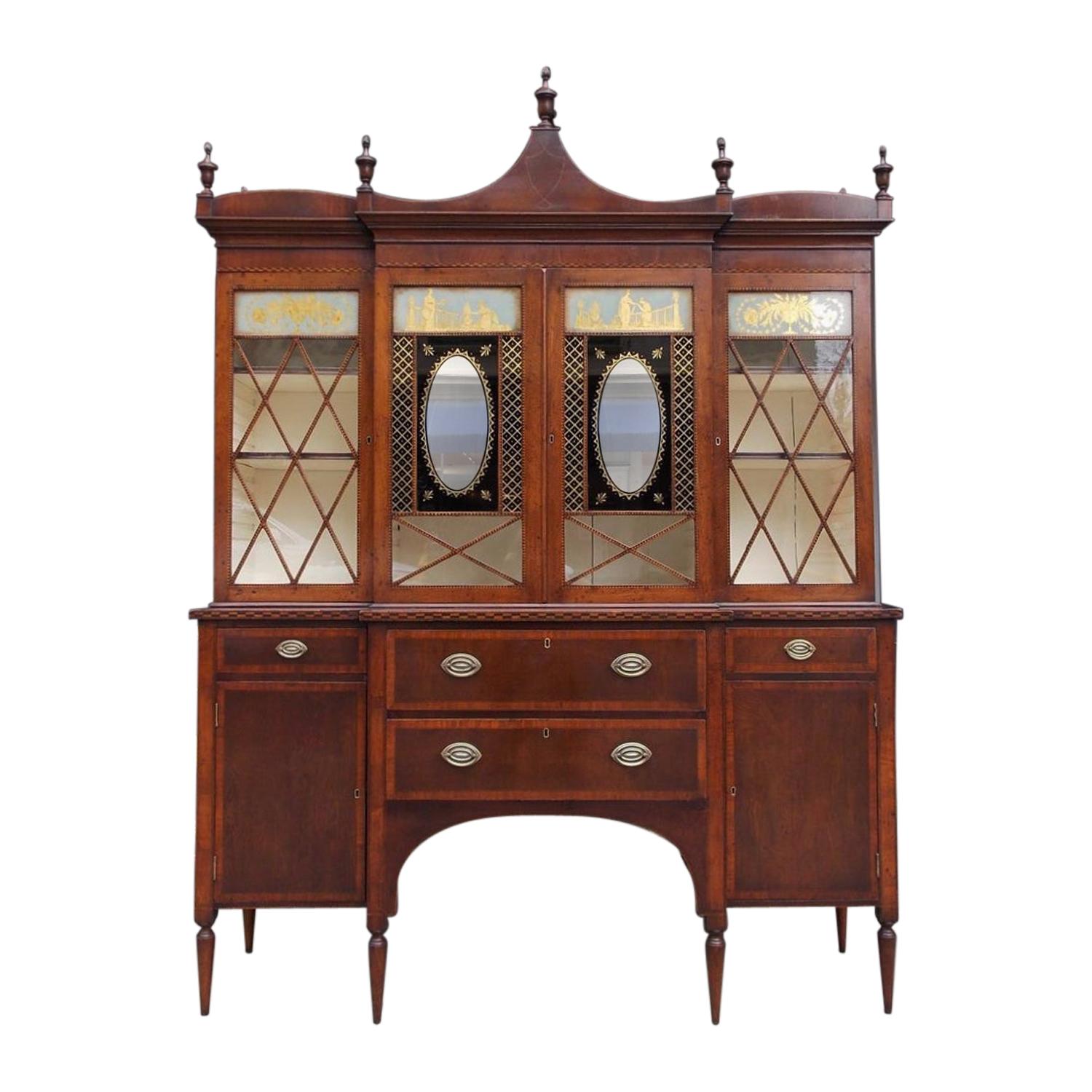 American Regency Mahogany Églomisé and Inlaid Breakfront Bookcase C. 1790 Mass