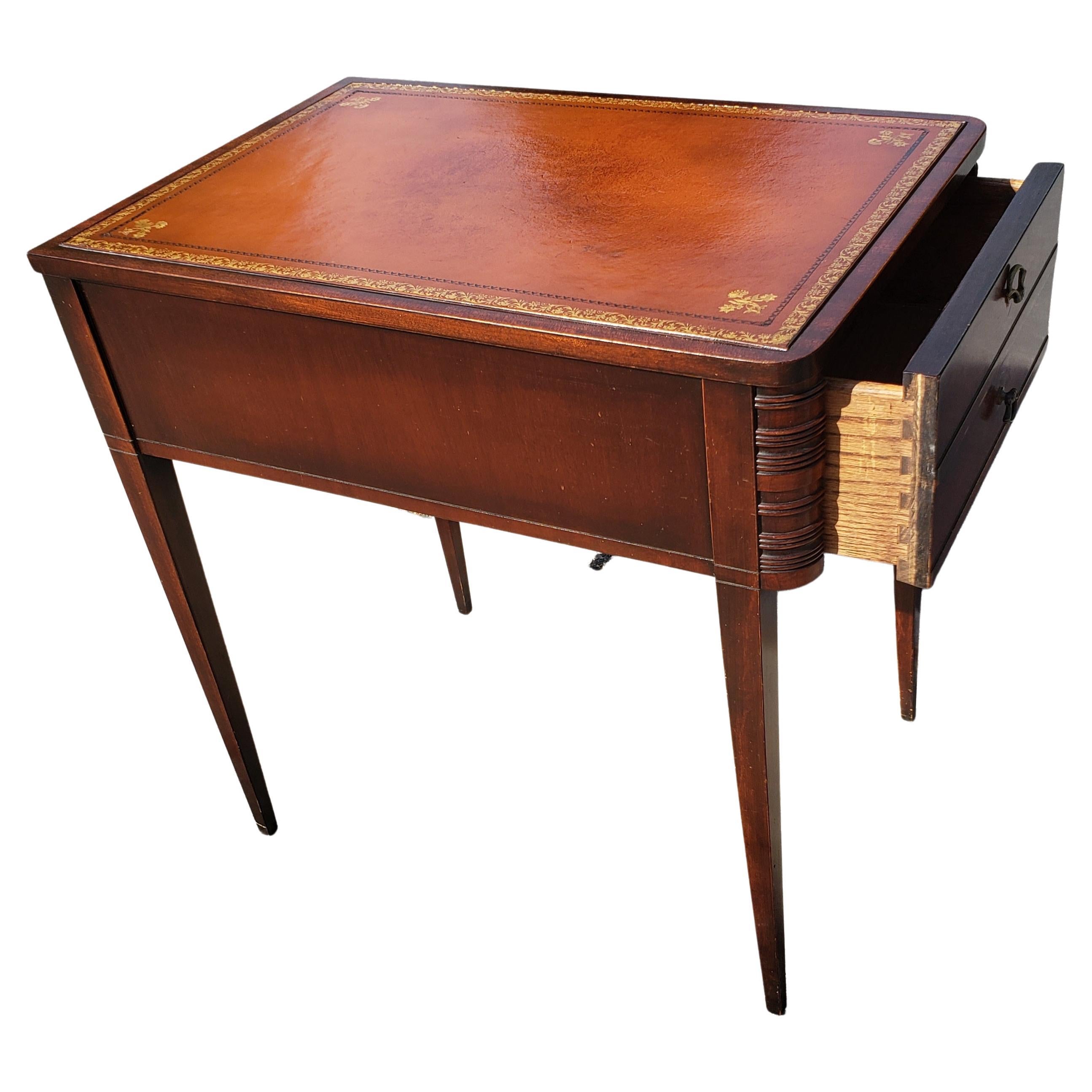 American Regency Mahogany One Drawer Stenciled Leather Top, circa 1960s In Good Condition In Germantown, MD