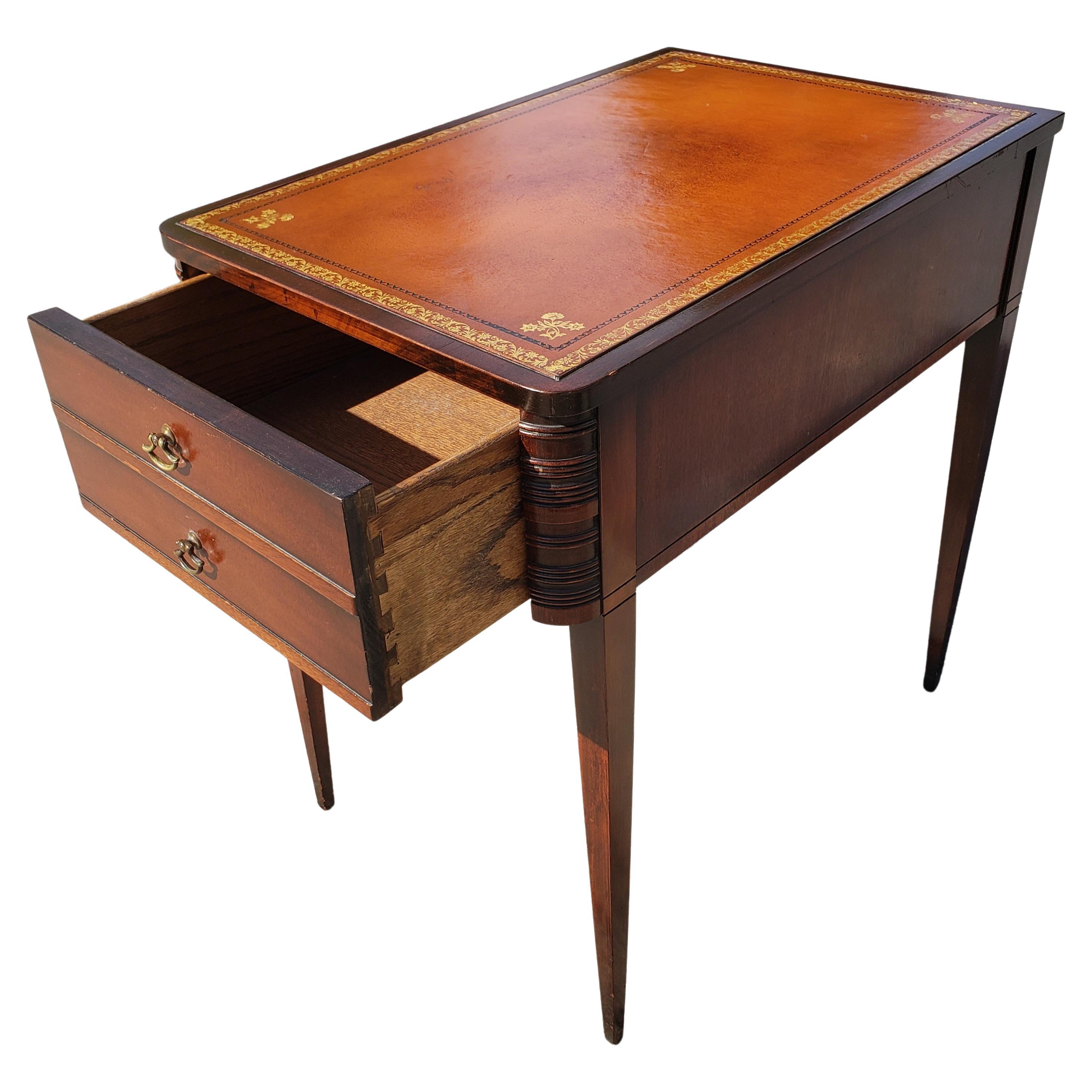 20th Century American Regency Mahogany One Drawer Stenciled Leather Top, circa 1960s