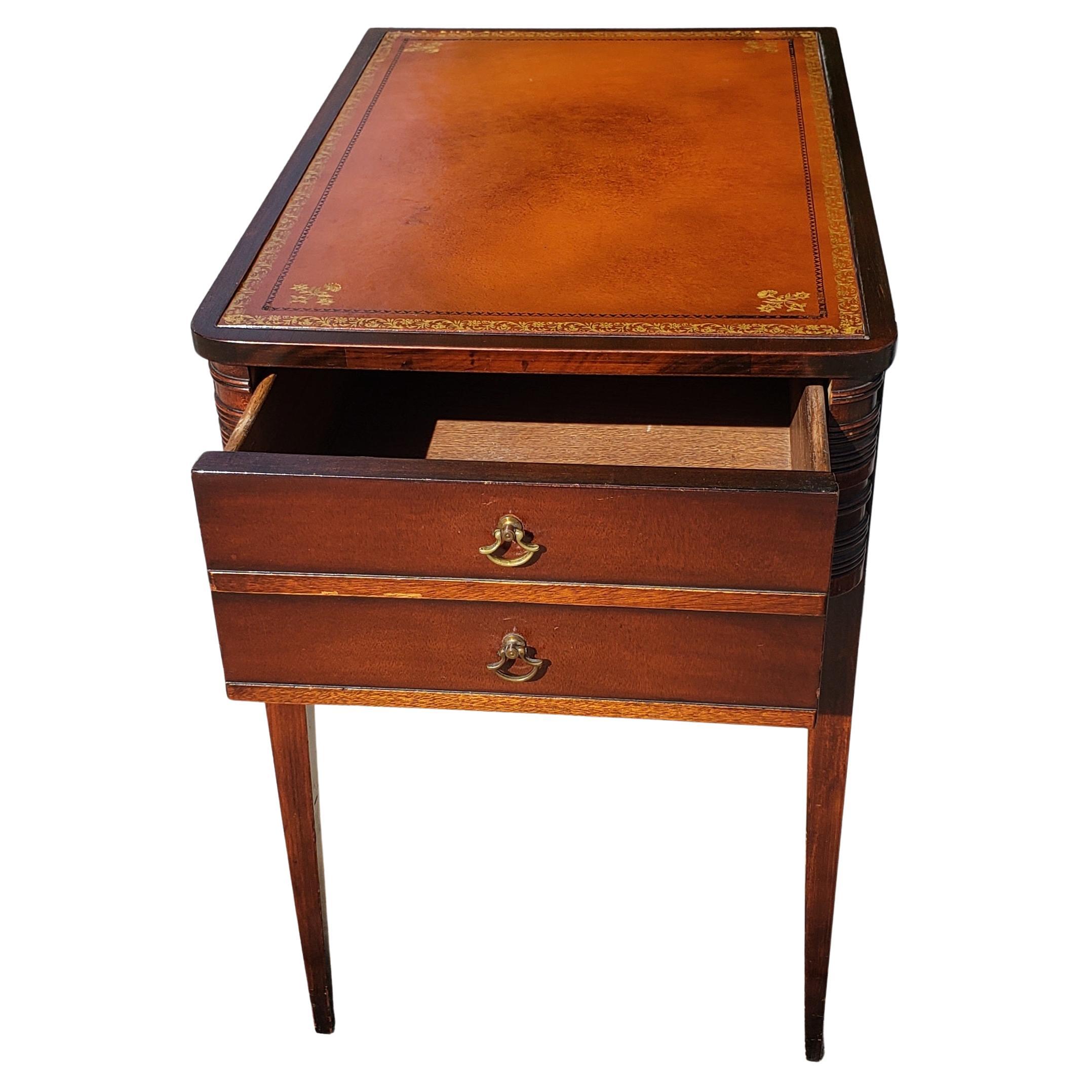 American Regency Mahogany One Drawer Stenciled Leather Top, circa 1960s 1