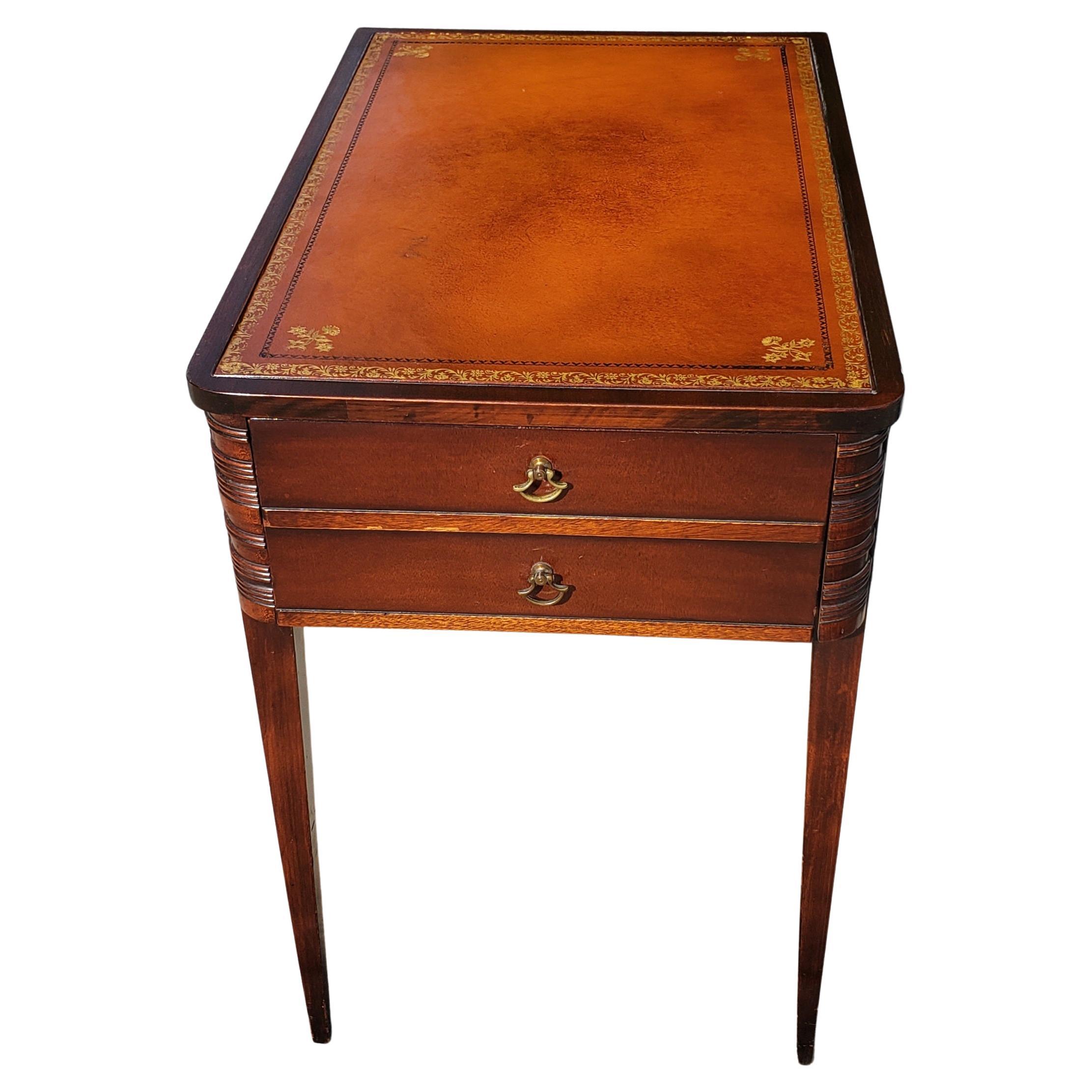 American Regency Mahogany One Drawer Stenciled Leather Top, circa 1960s 2