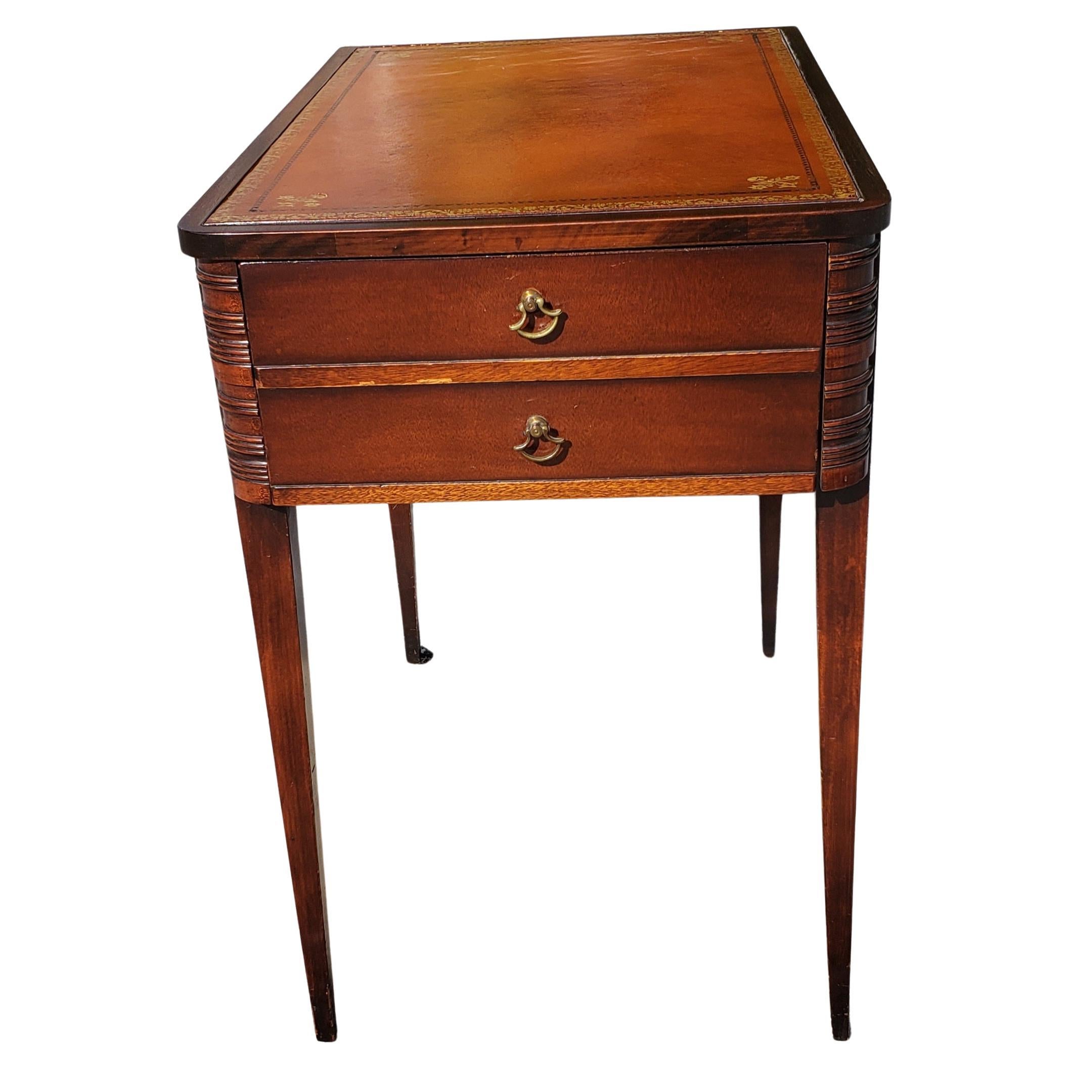 American Regency Mahogany One Drawer Stenciled Leather Top, circa 1960s 3