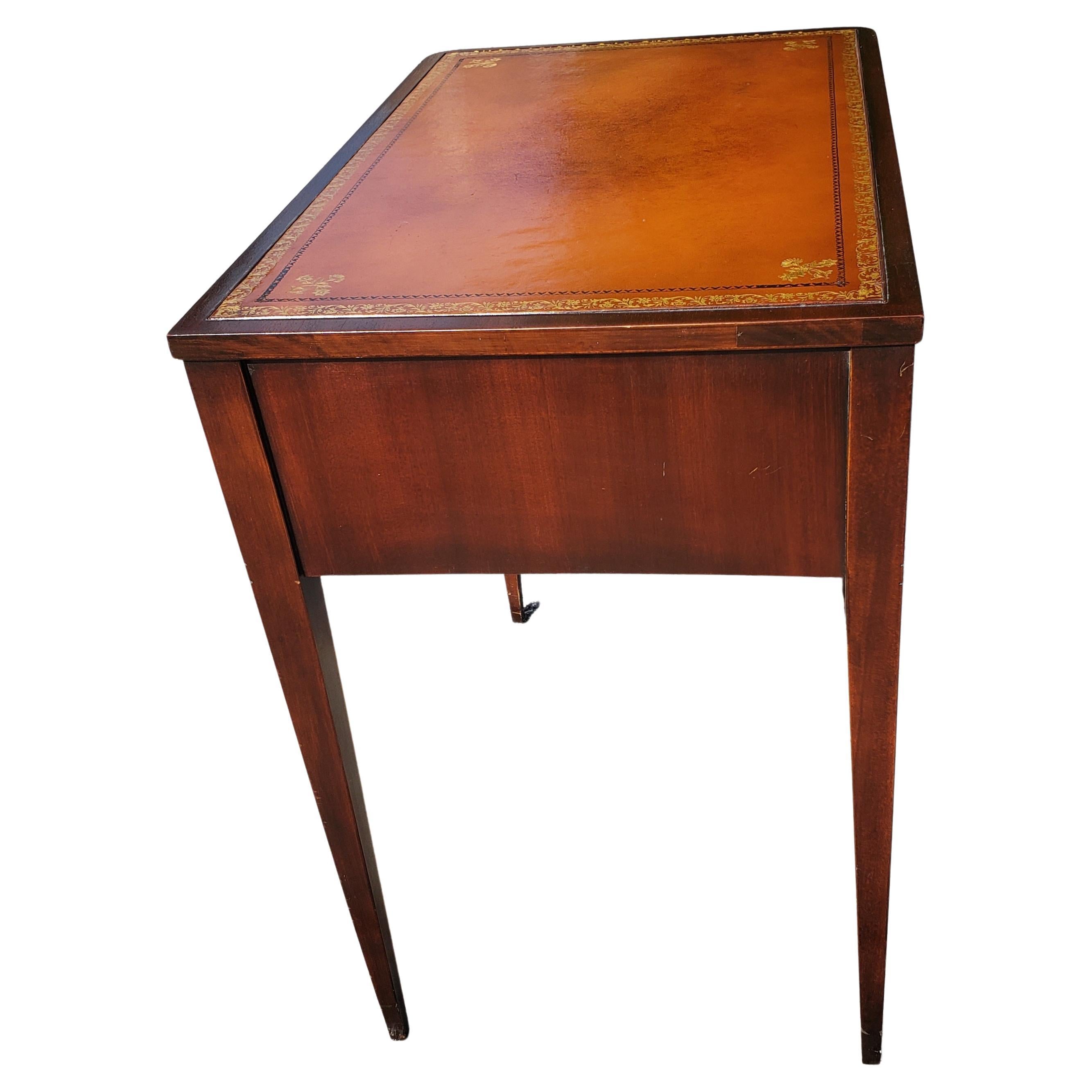 American Regency Mahogany One Drawer Stenciled Leather Top, circa 1960s 4