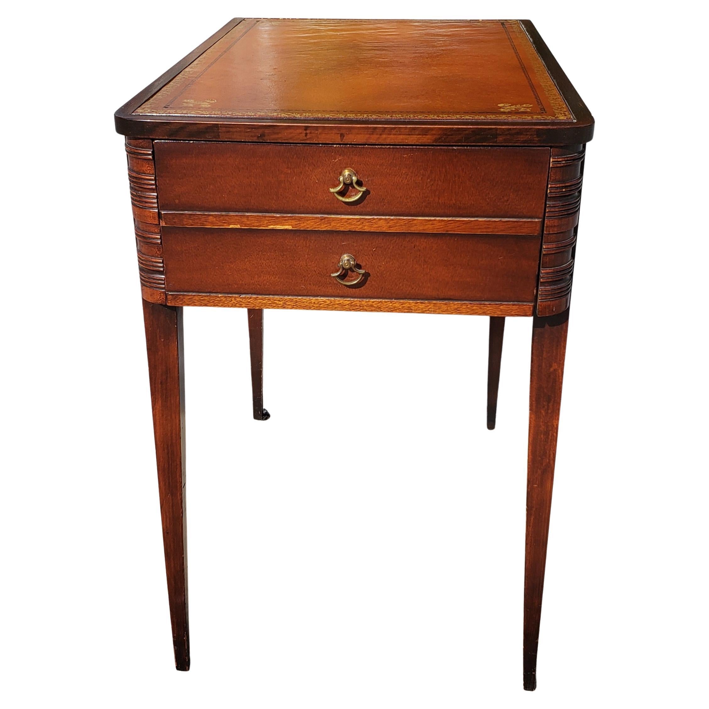 American Regency Mahogany One Drawer Stenciled Leather Top, circa 1960s