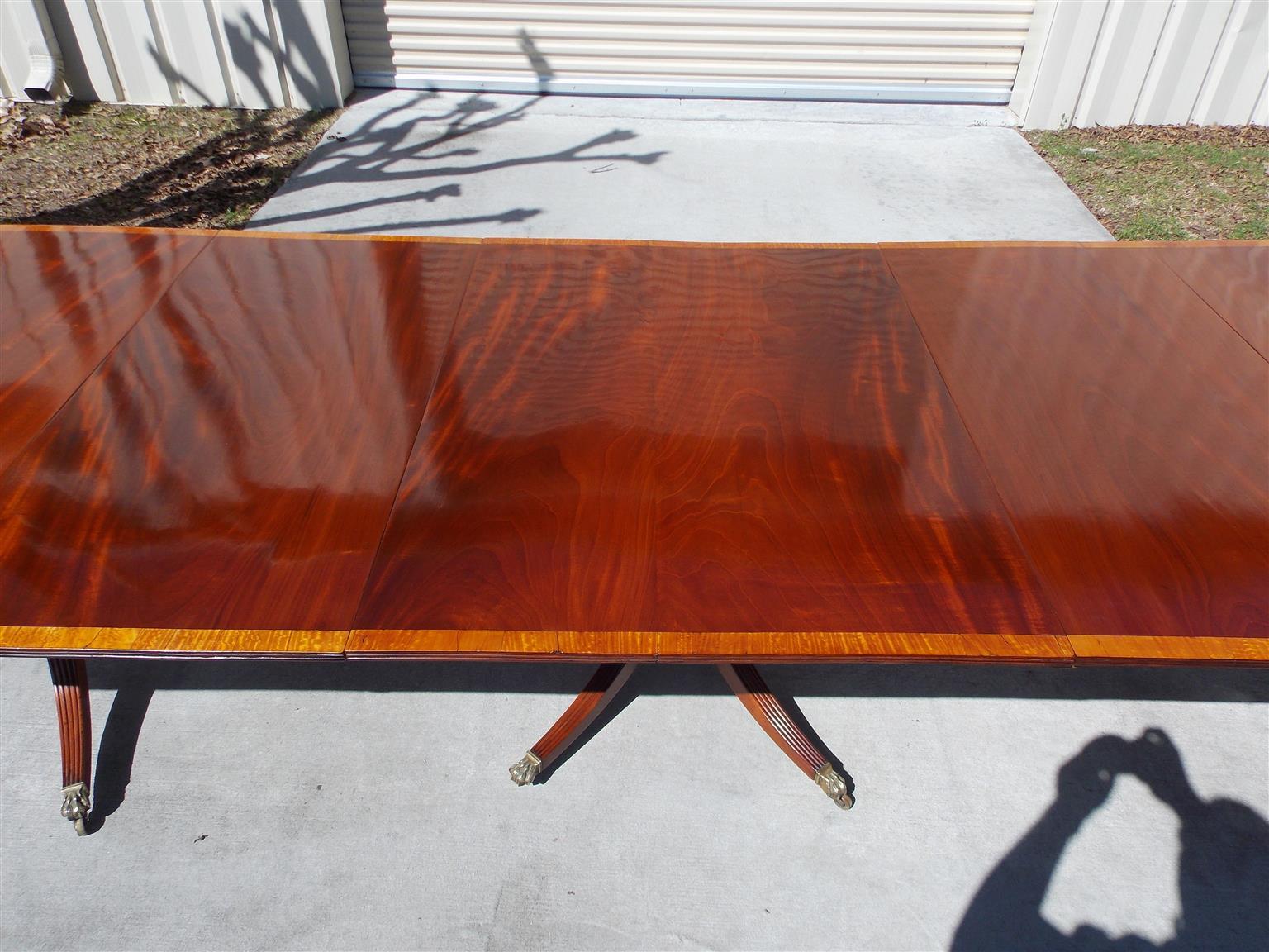 Brass American Regency Mahogany Satinwood Banded Triple Pedestal Dining Table, C. 1810