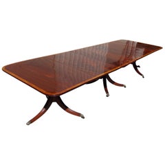 American Regency Mahogany Satinwood Banded Triple Pedestal Dining Table, C. 1810