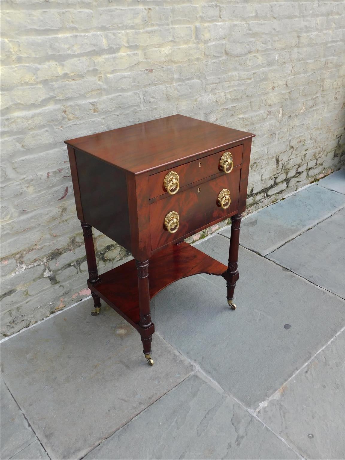 Hand-Carved American Regency Mahogany Two Drawer Side Table w/ Orig. Foliage Brasses, C 1815 For Sale