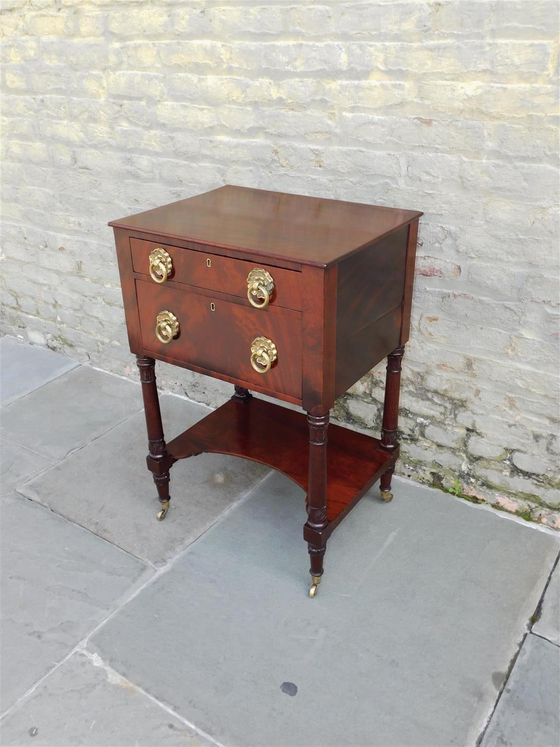 American Regency Mahogany Two Drawer Side Table w/ Orig. Foliage Brasses, C 1815 In Excellent Condition For Sale In Charleston, SC