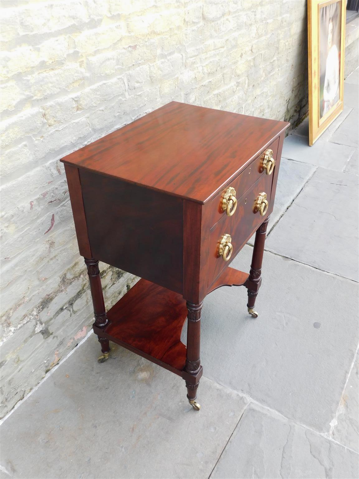 American Regency Mahogany Two Drawer Side Table w/ Orig. Foliage Brasses, C 1815 For Sale 1