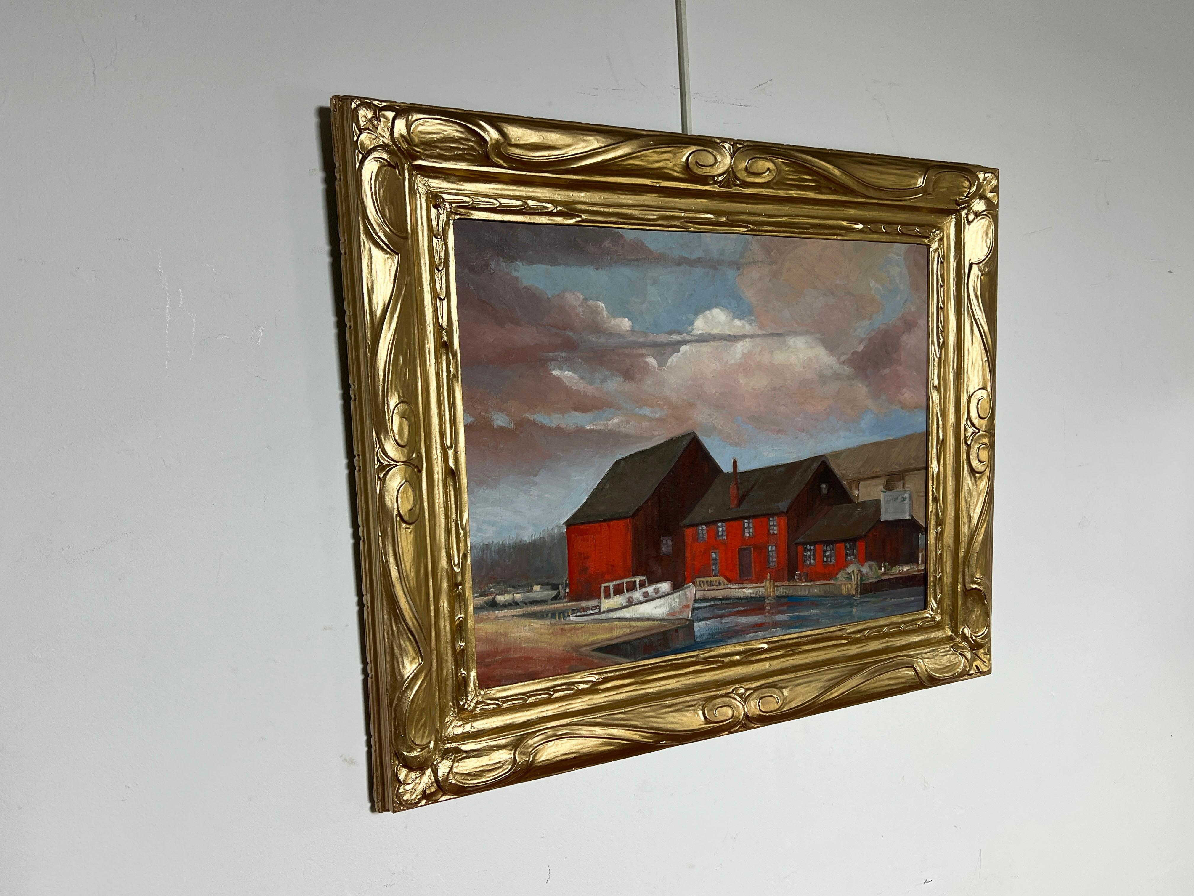 American regionalist oil on canvas depicting a dock scene in Sag Harbor, NY, circa 1940s, in a gilded and handcarved frame.