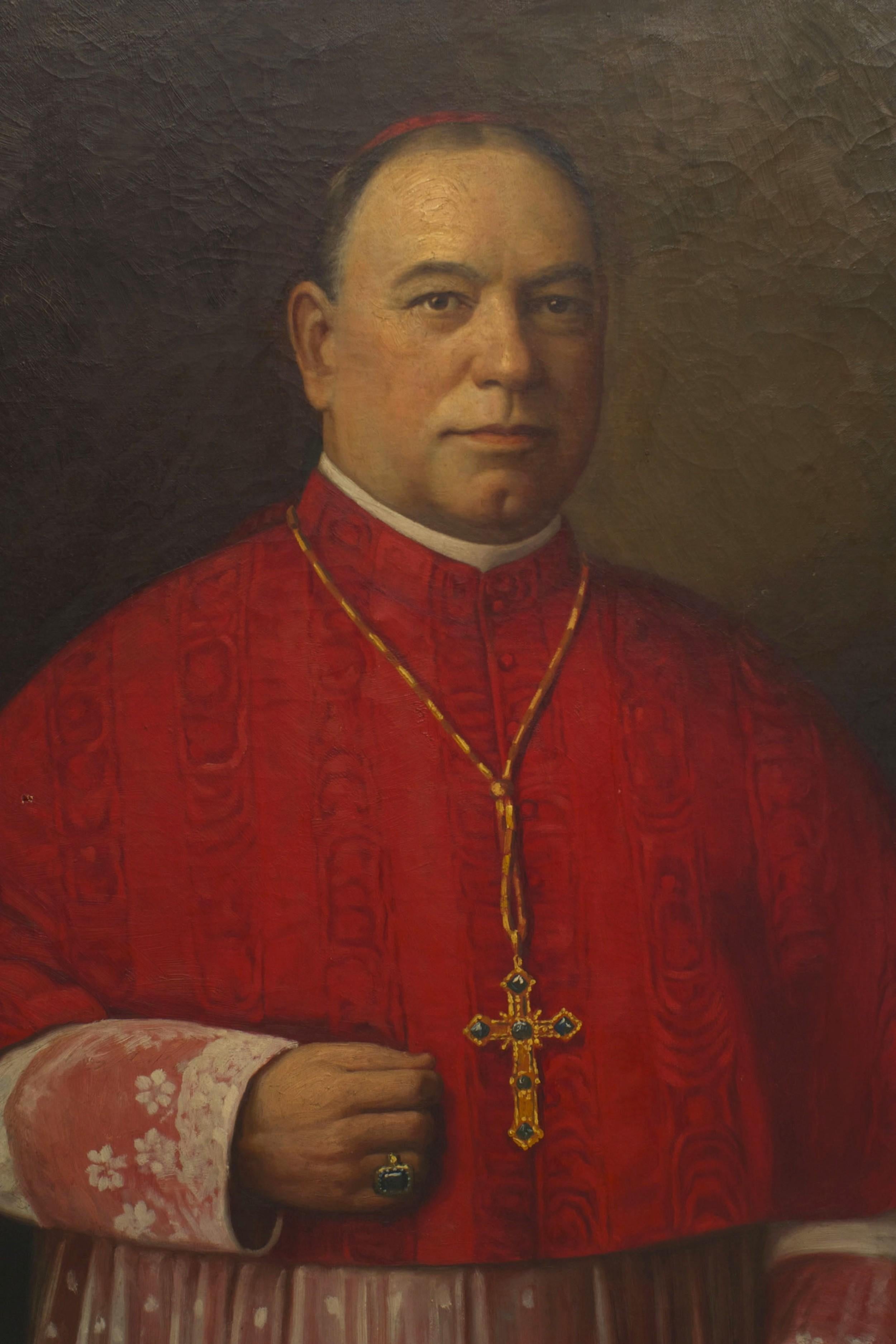 American (19/20th Cent) oil painting portrait of an important religious priest wearing red vestments in a gold carved frame.