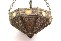Renaissance Revival Pendant with Grotesque Motif and Marbled Glass Panels