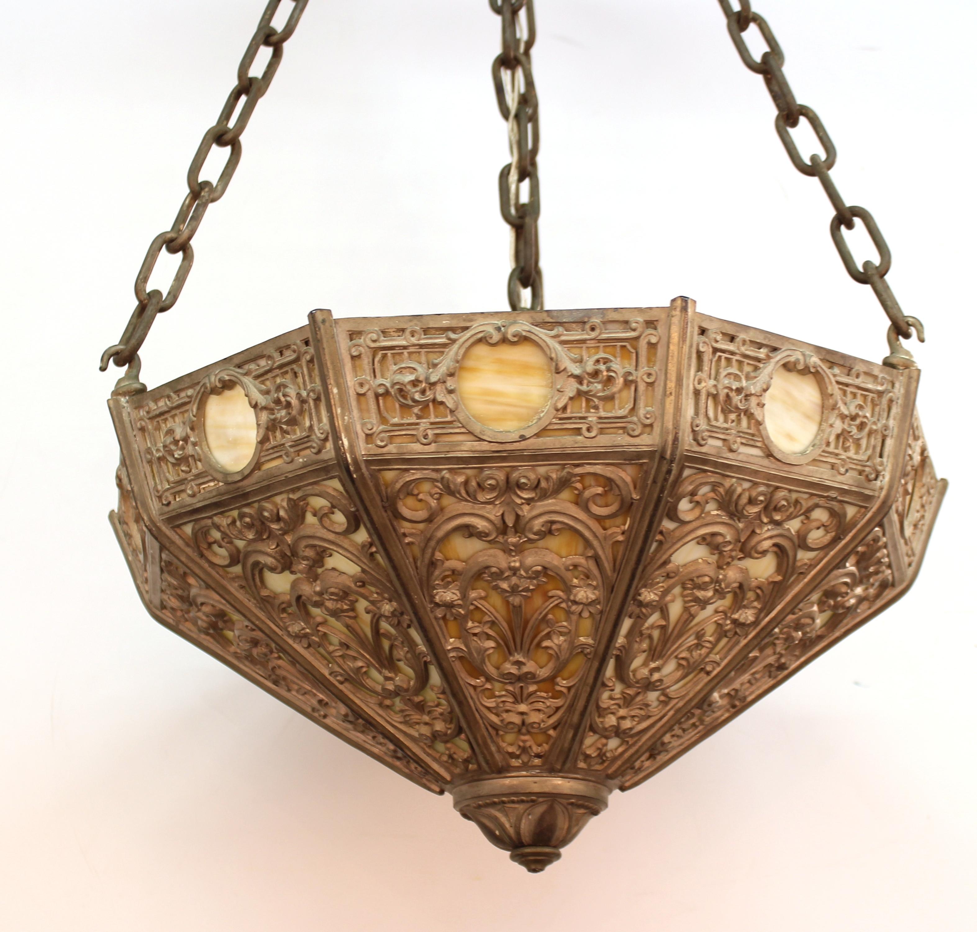Renaissance Revival Pendant with Grotesque Motif and Marbled Glass Panels In Good Condition In New York, NY