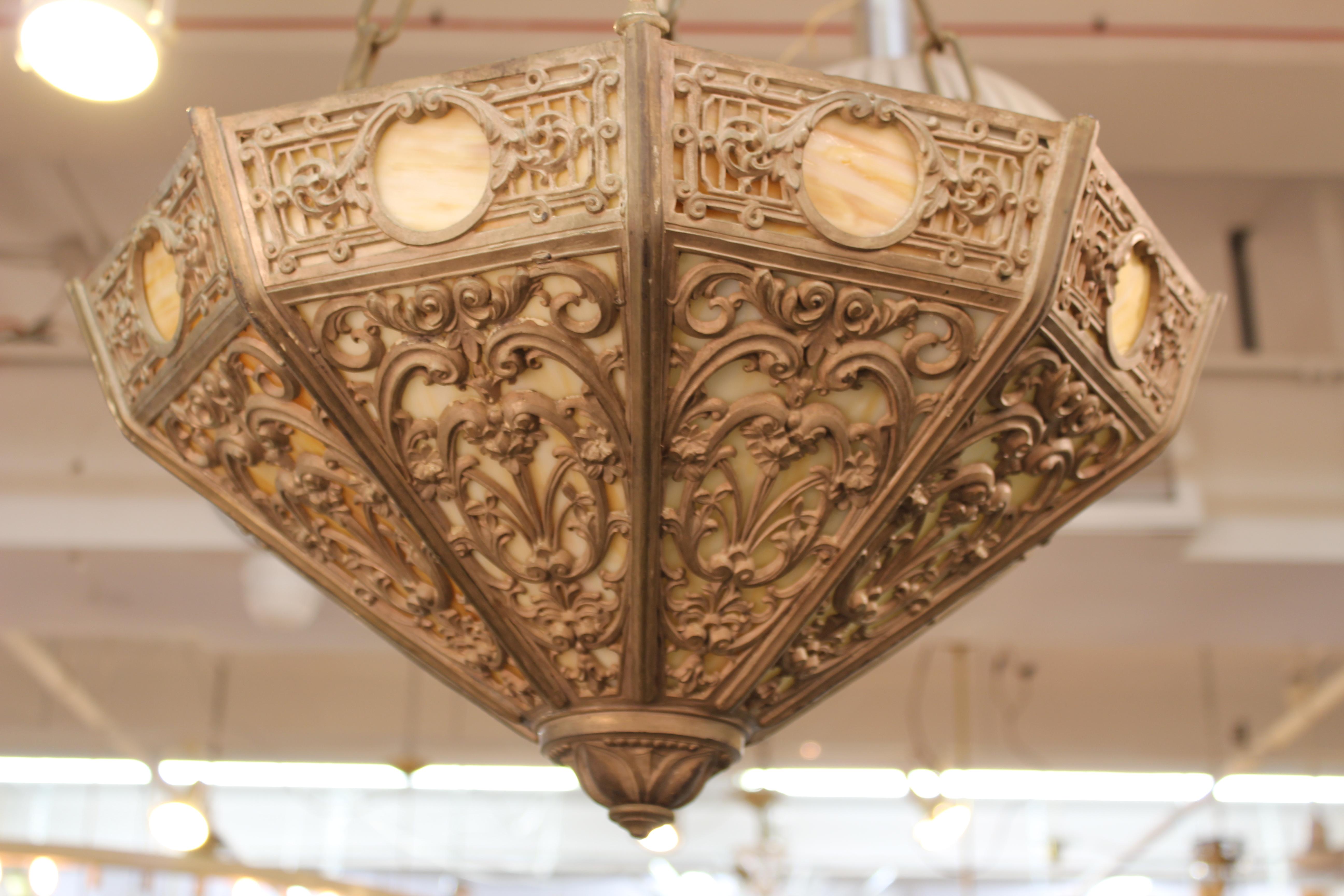Metal Renaissance Revival Pendant with Grotesque Motif and Marbled Glass Panels