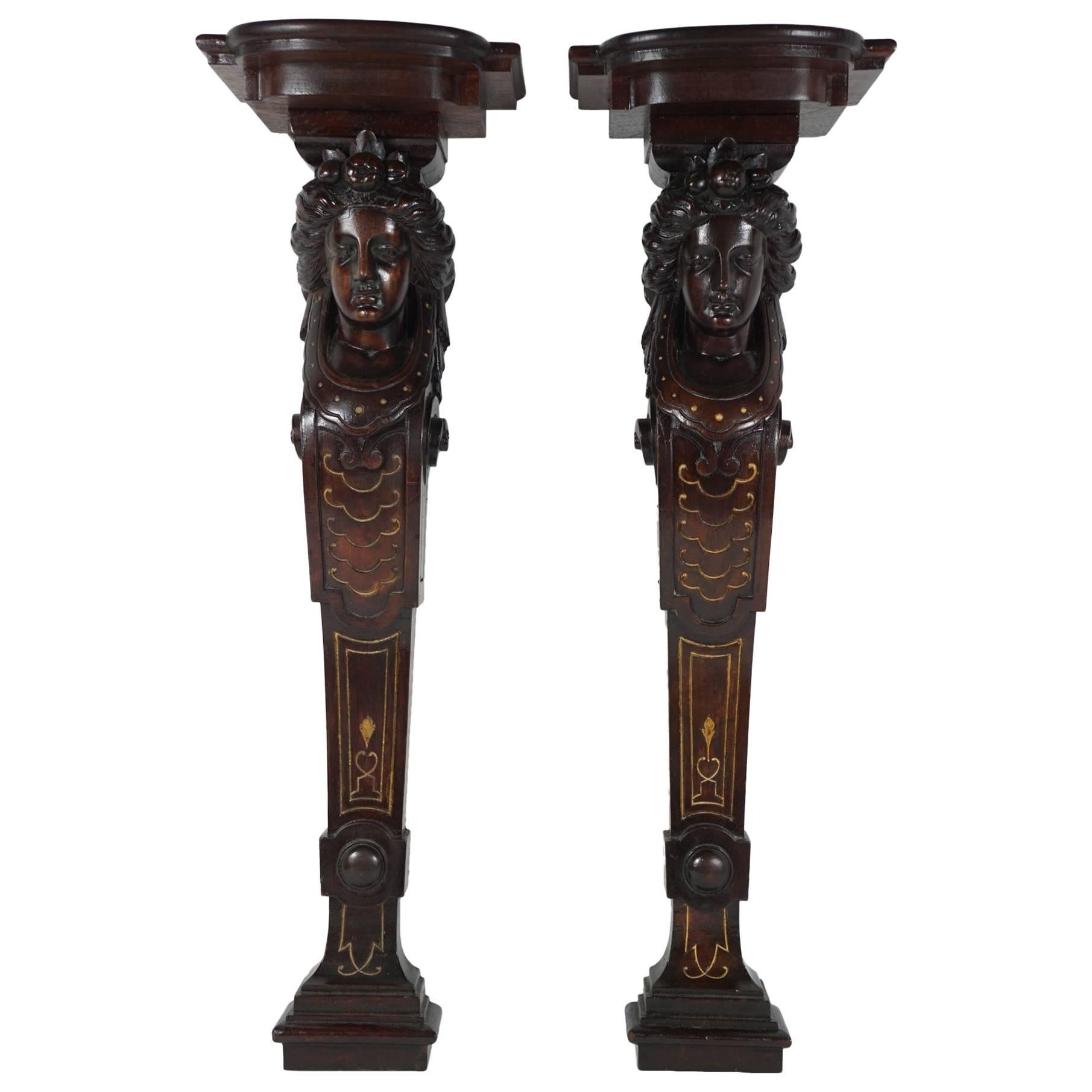 American Renaissance Revival Finely Carved and Gilt-Incised Walnut Wall Brackets