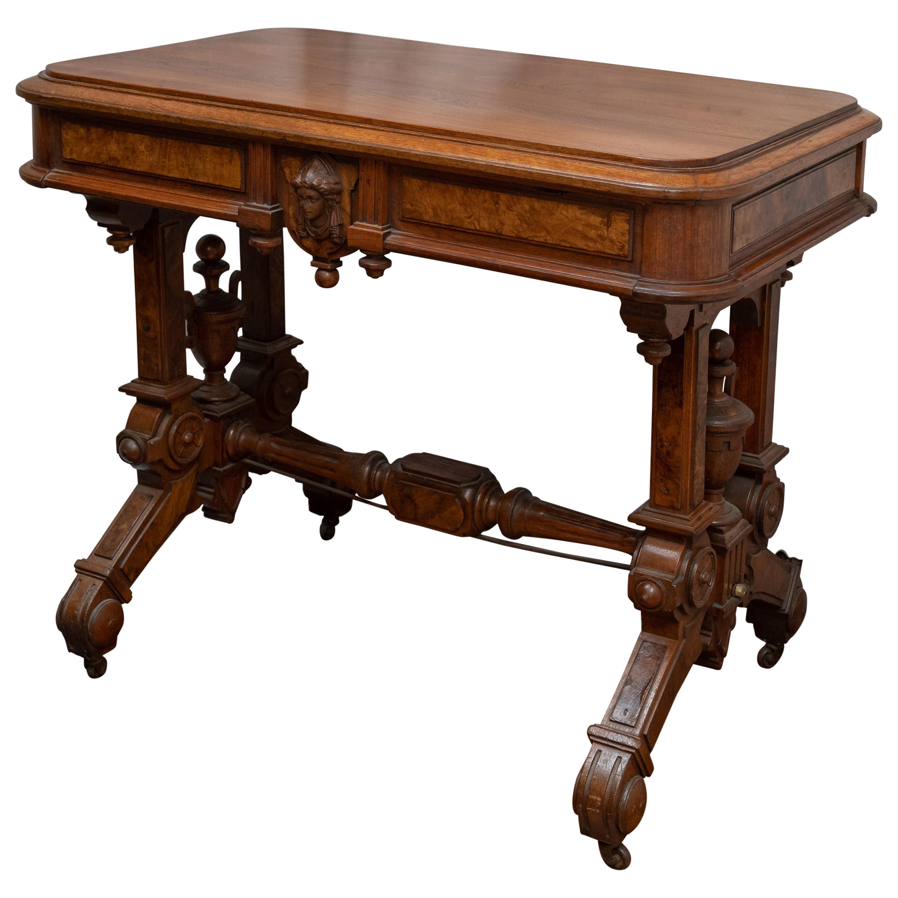 American Renaissance Revival Victorian Walnut and Burl Library Table, circa 1870