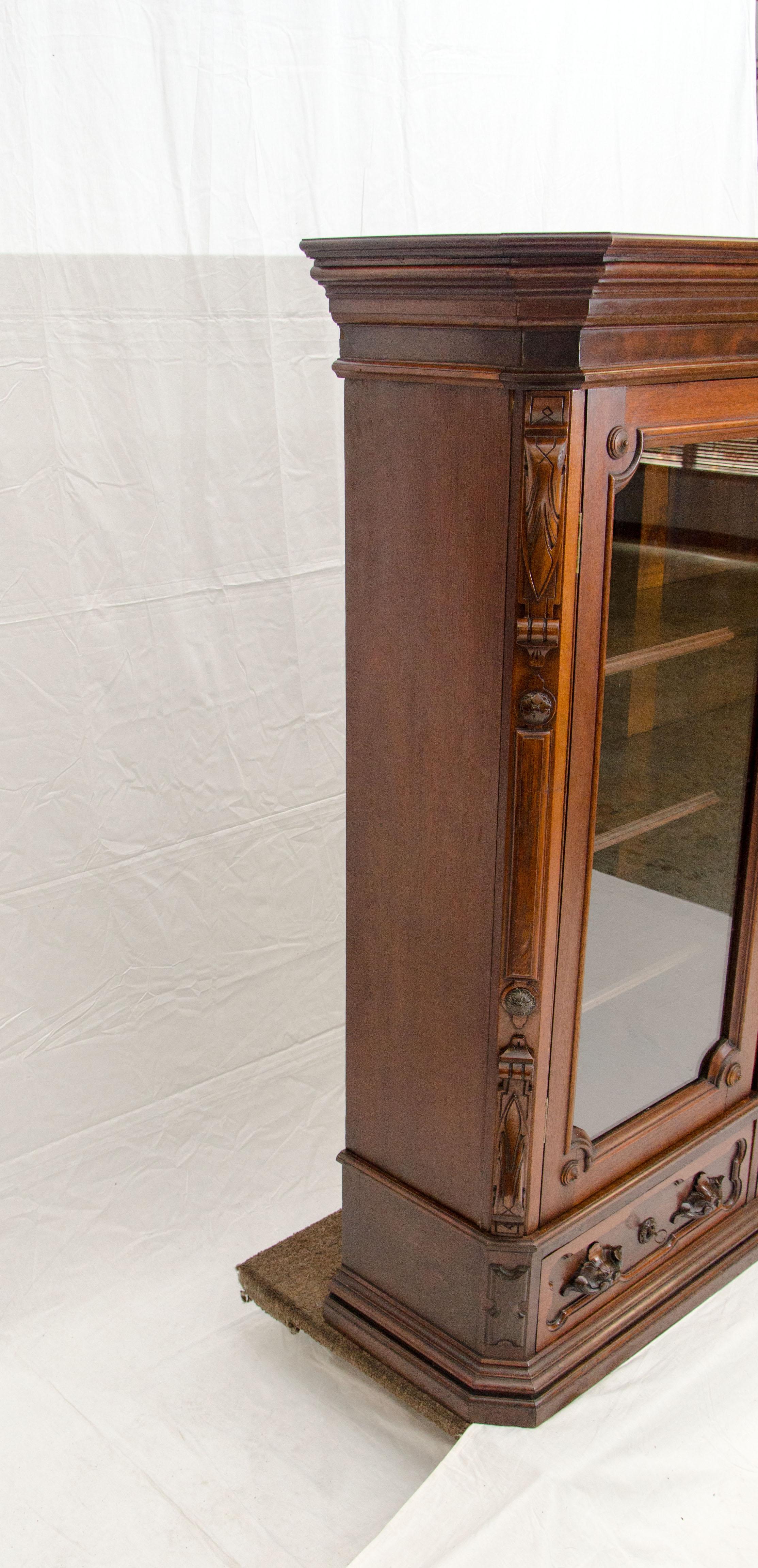 American Renaissance Victorian Two-Door Walnut Bookcase or Display Cabinet 2