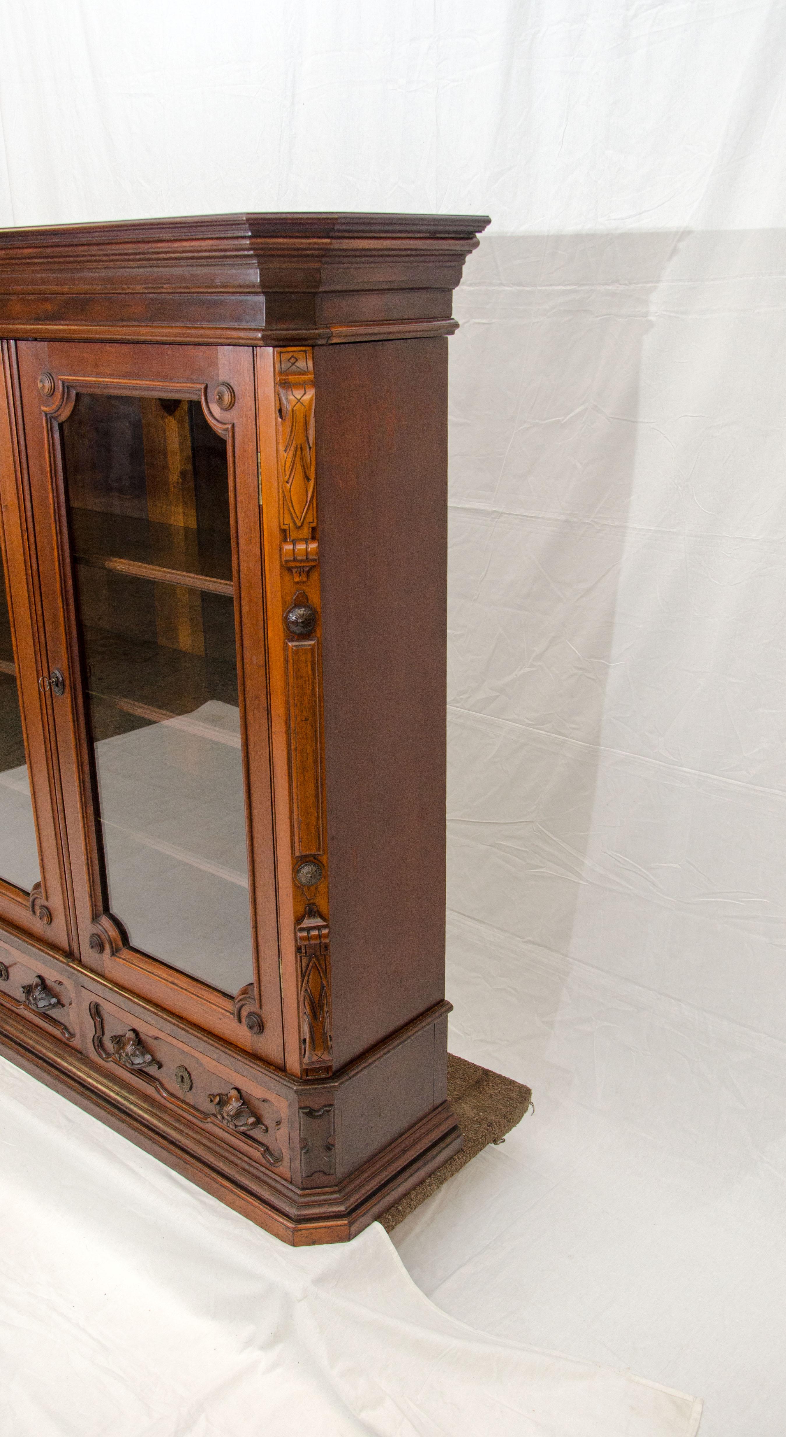 American Renaissance Victorian Two-Door Walnut Bookcase or Display Cabinet 1