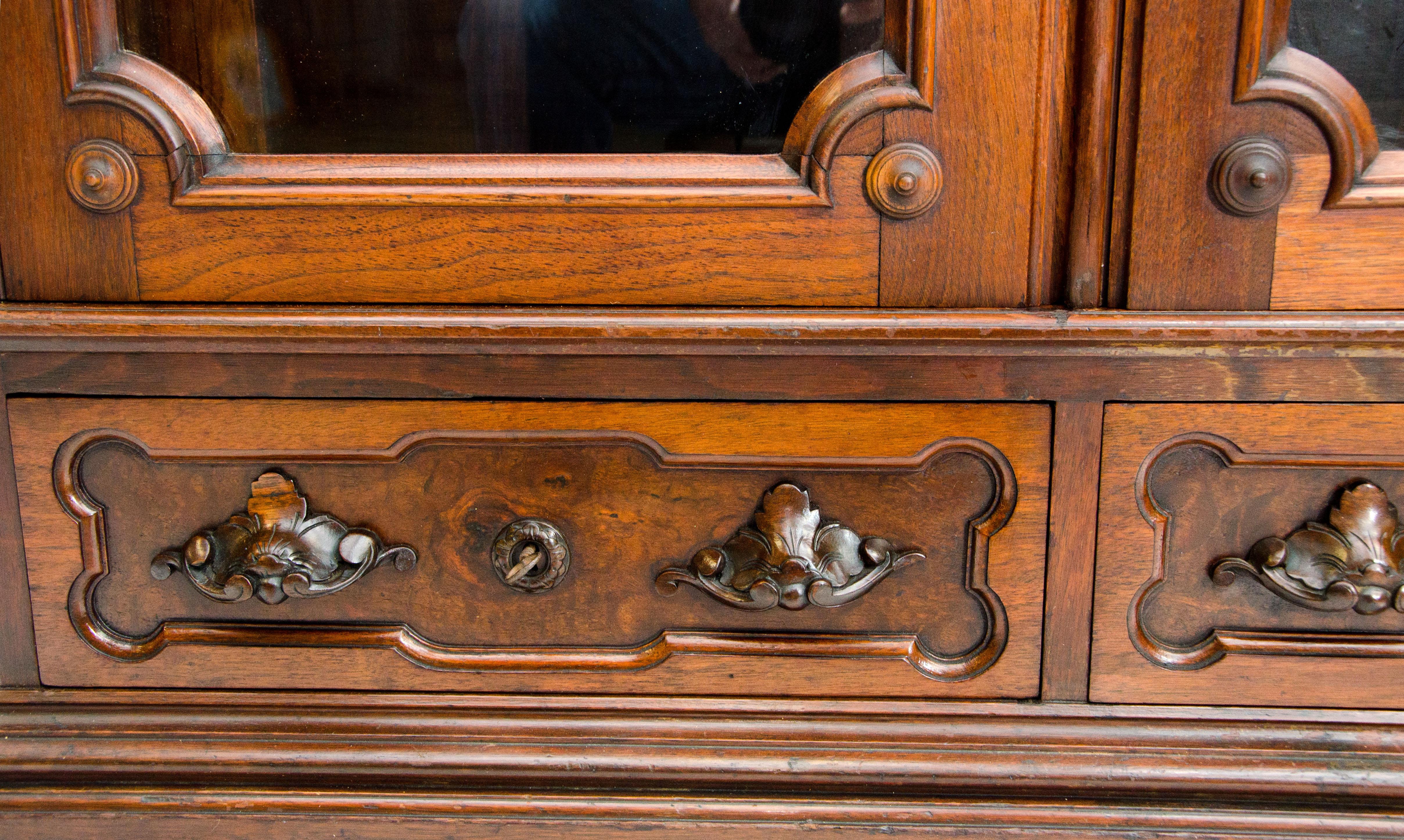 19th Century American Renaissance Victorian Two-Door Walnut Bookcase or Display Cabinet