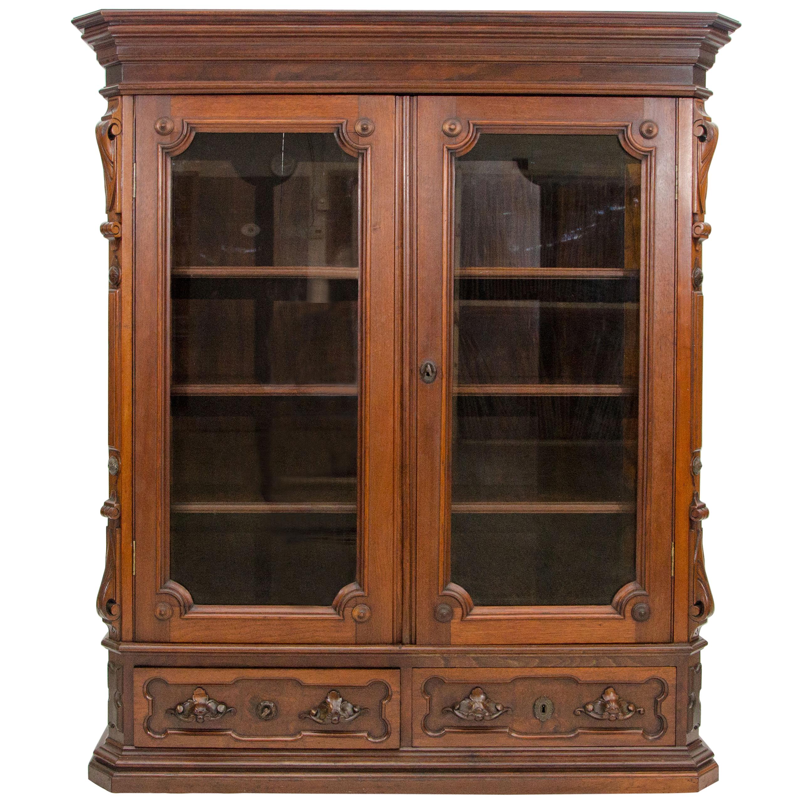 American Renaissance Victorian Two-Door Walnut Bookcase or Display Cabinet