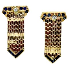 American Retro Brick Link Buckle Motif Earrings with Sapphires and Diamonds
