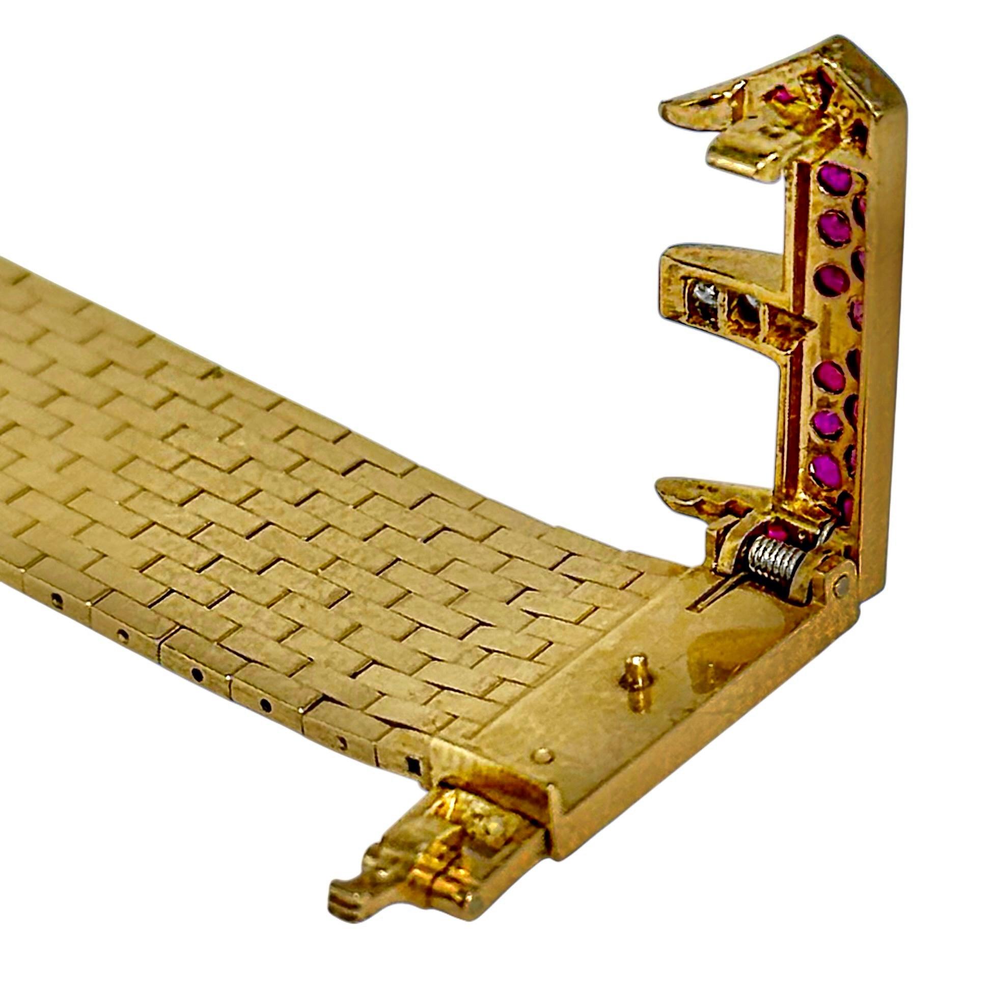 American Retro Period Brick Link Gold Buckle Bracelet with Diamonds and Rubies For Sale 5