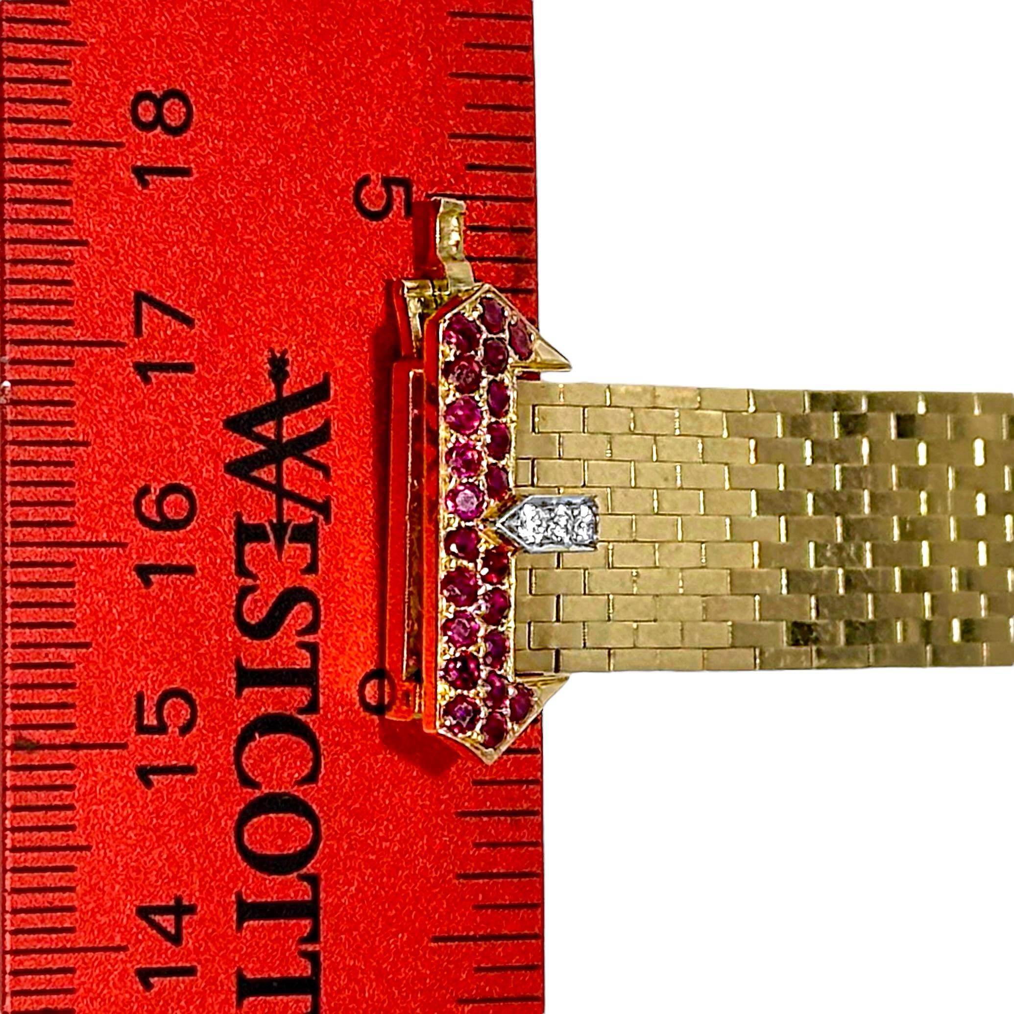 American Retro Period Brick Link Gold Buckle Bracelet with Diamonds and Rubies For Sale 8
