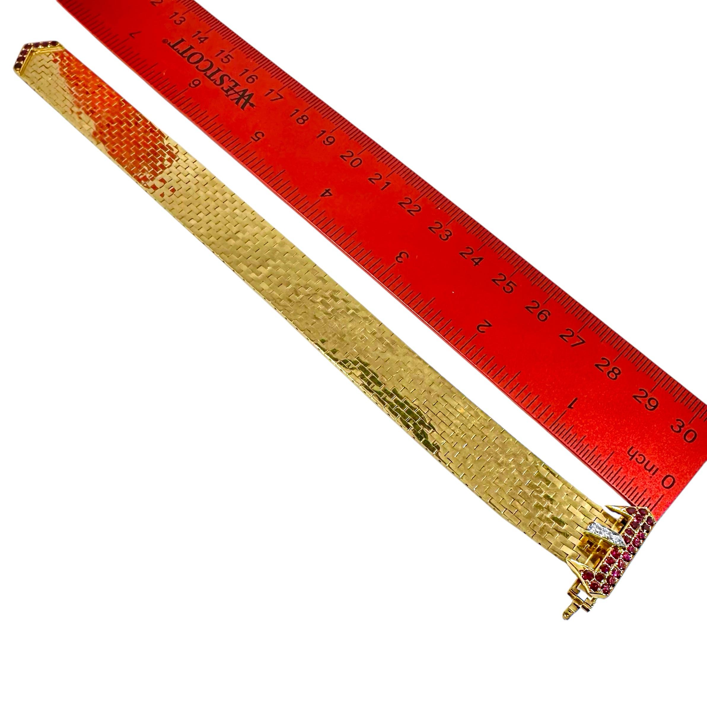American Retro Period Brick Link Gold Buckle Bracelet with Diamonds and Rubies For Sale 9