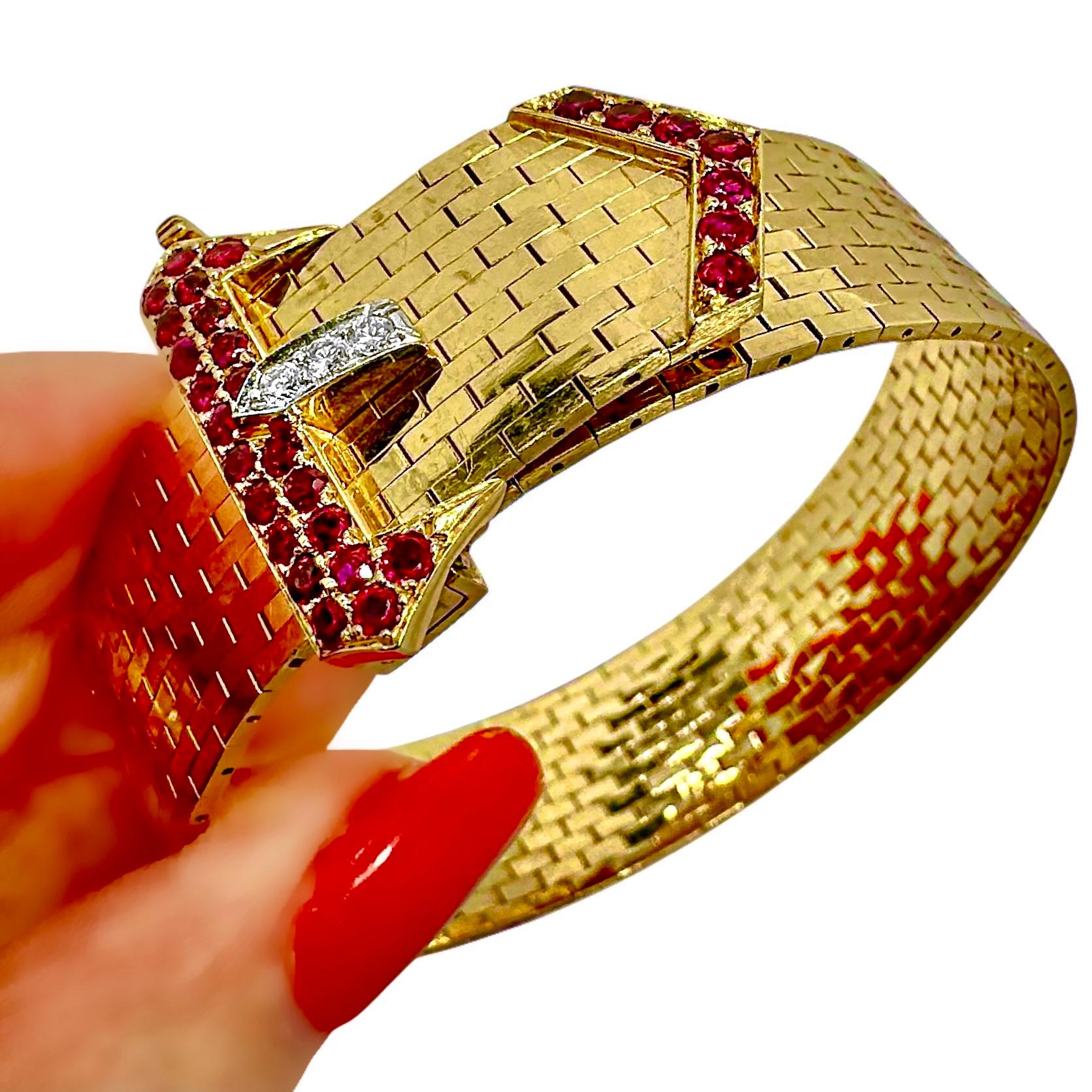 American Retro Period Brick Link Gold Buckle Bracelet with Diamonds and Rubies For Sale 10